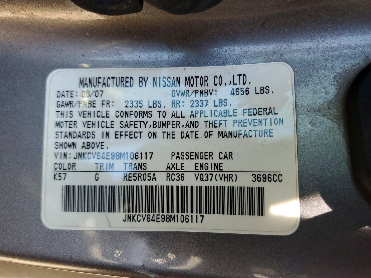 2008 Infiniti G37 Base Gray vin: JNKCV64E98M106117