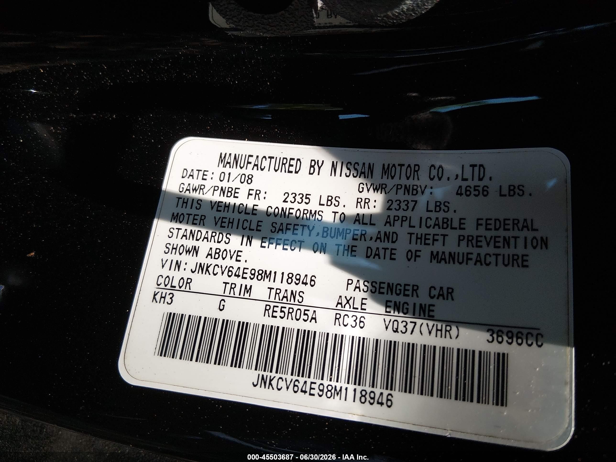 2008 Infiniti G37 Journey Black vin: JNKCV64E98M118946