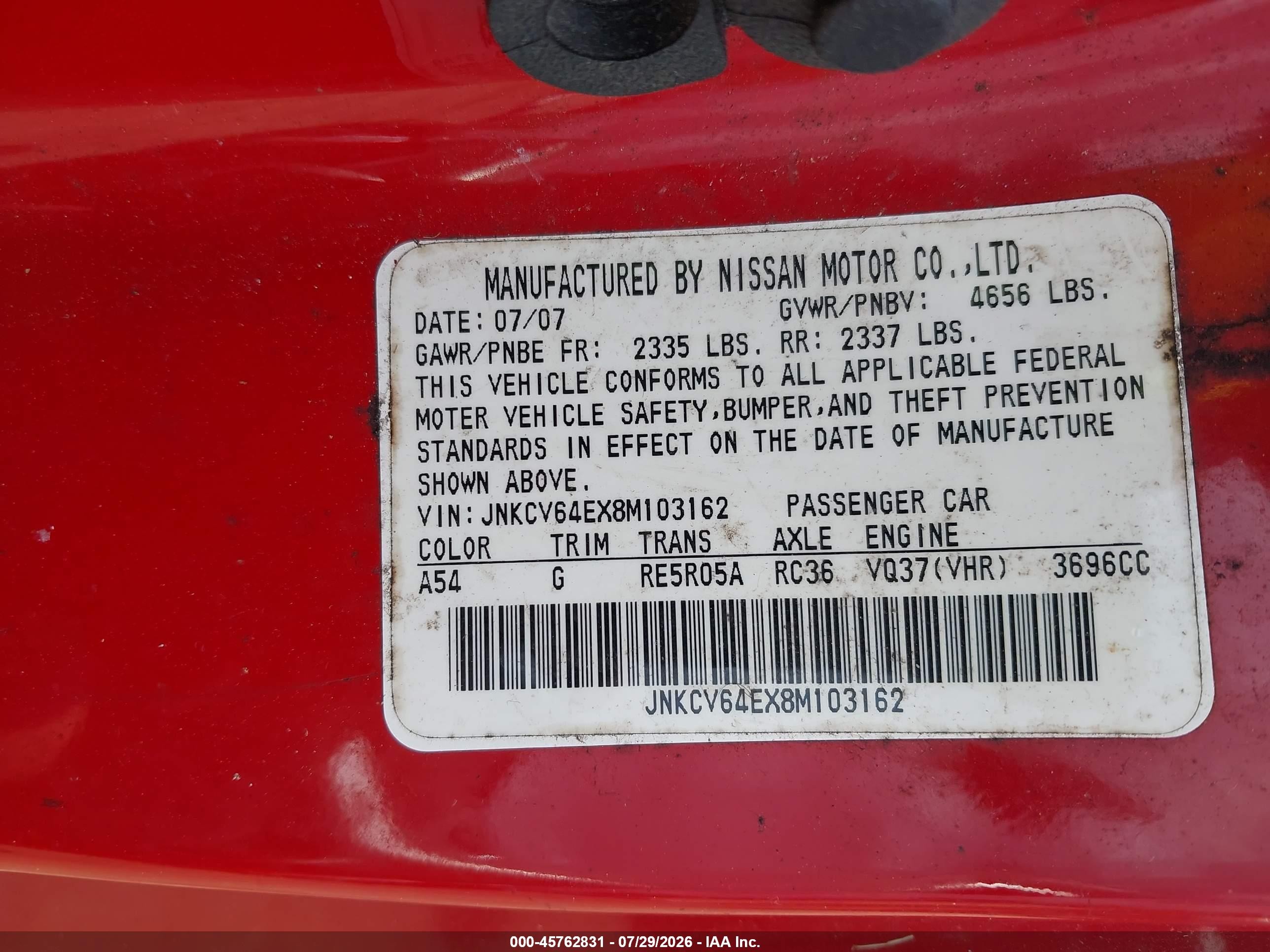 2008 Infiniti G37 Journey Red vin: JNKCV64EX8M103162