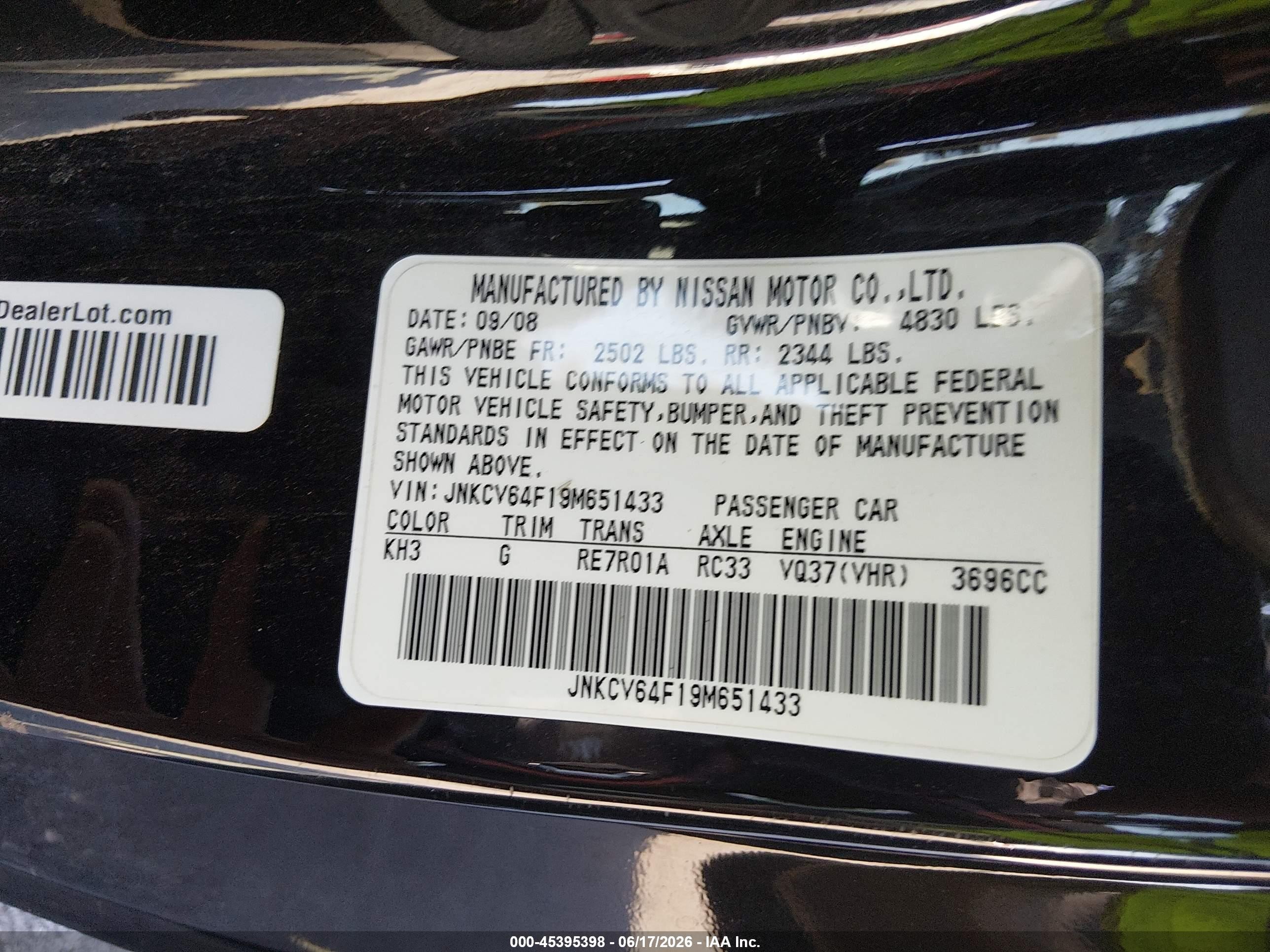 2009 Infiniti G37x   Black vin: JNKCV64F19M651433