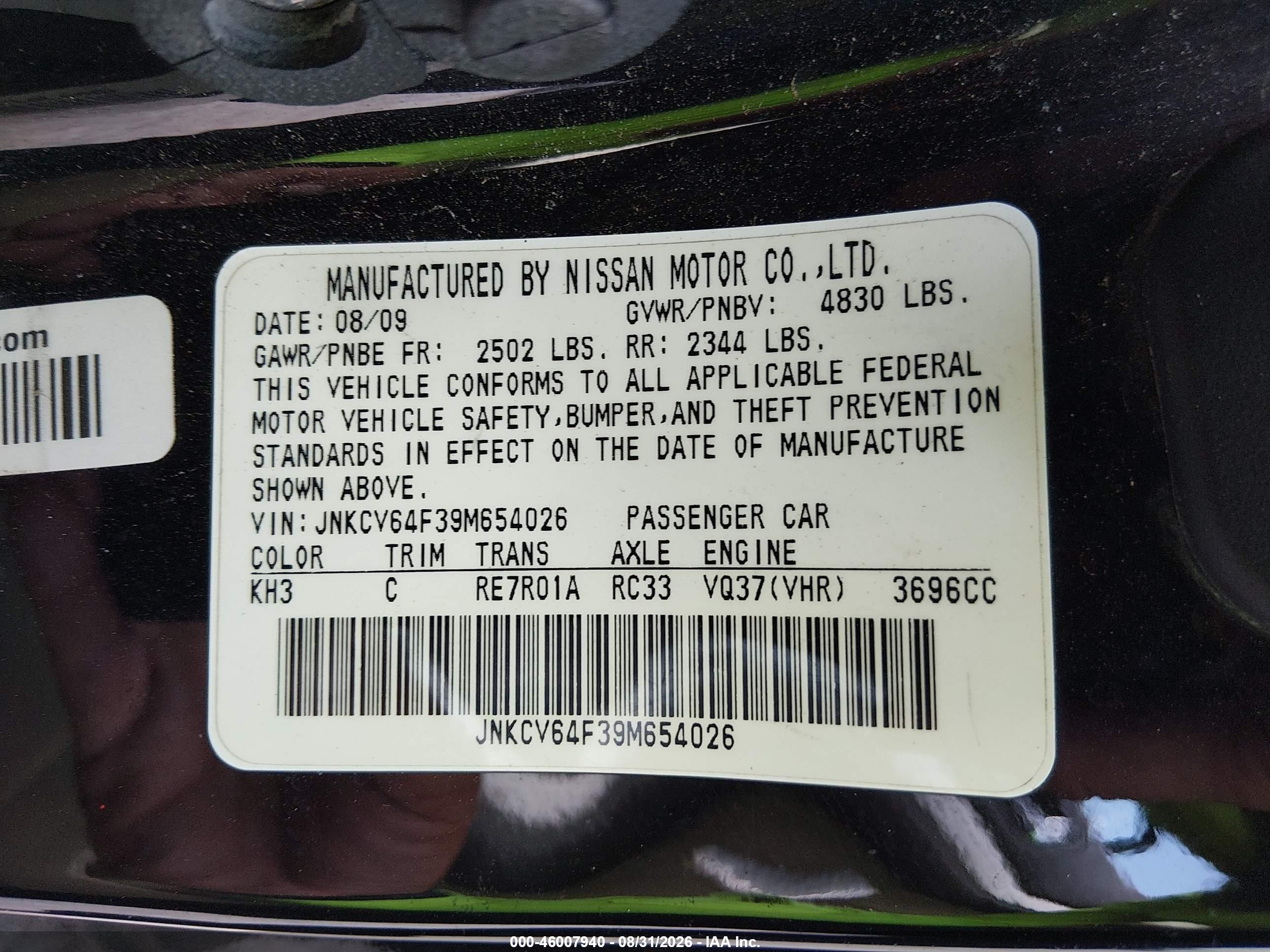 2009 Infiniti G37x Black vin: JNKCV64F39M654026