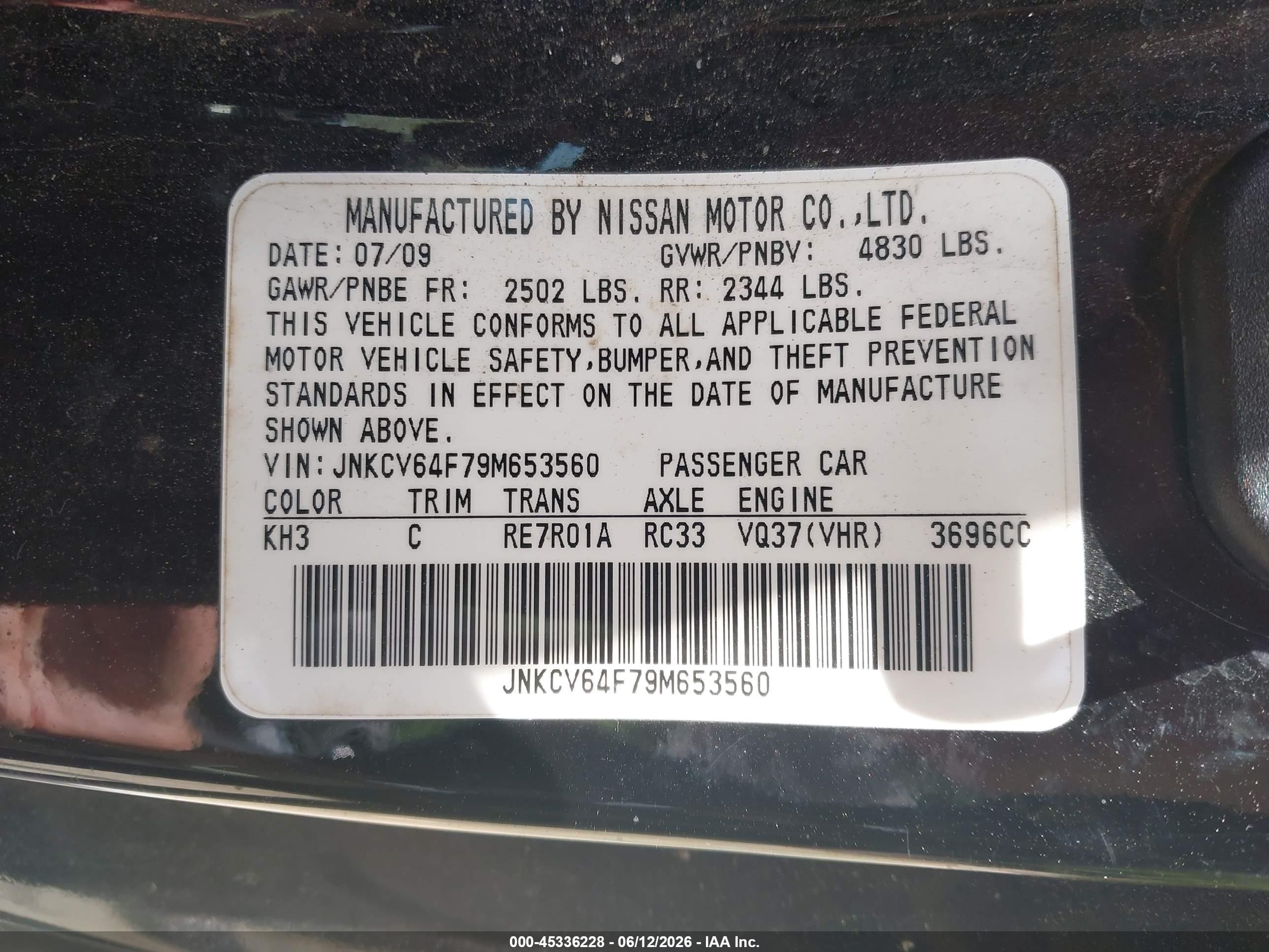2009 Infiniti G37x Black vin: JNKCV64F79M653560