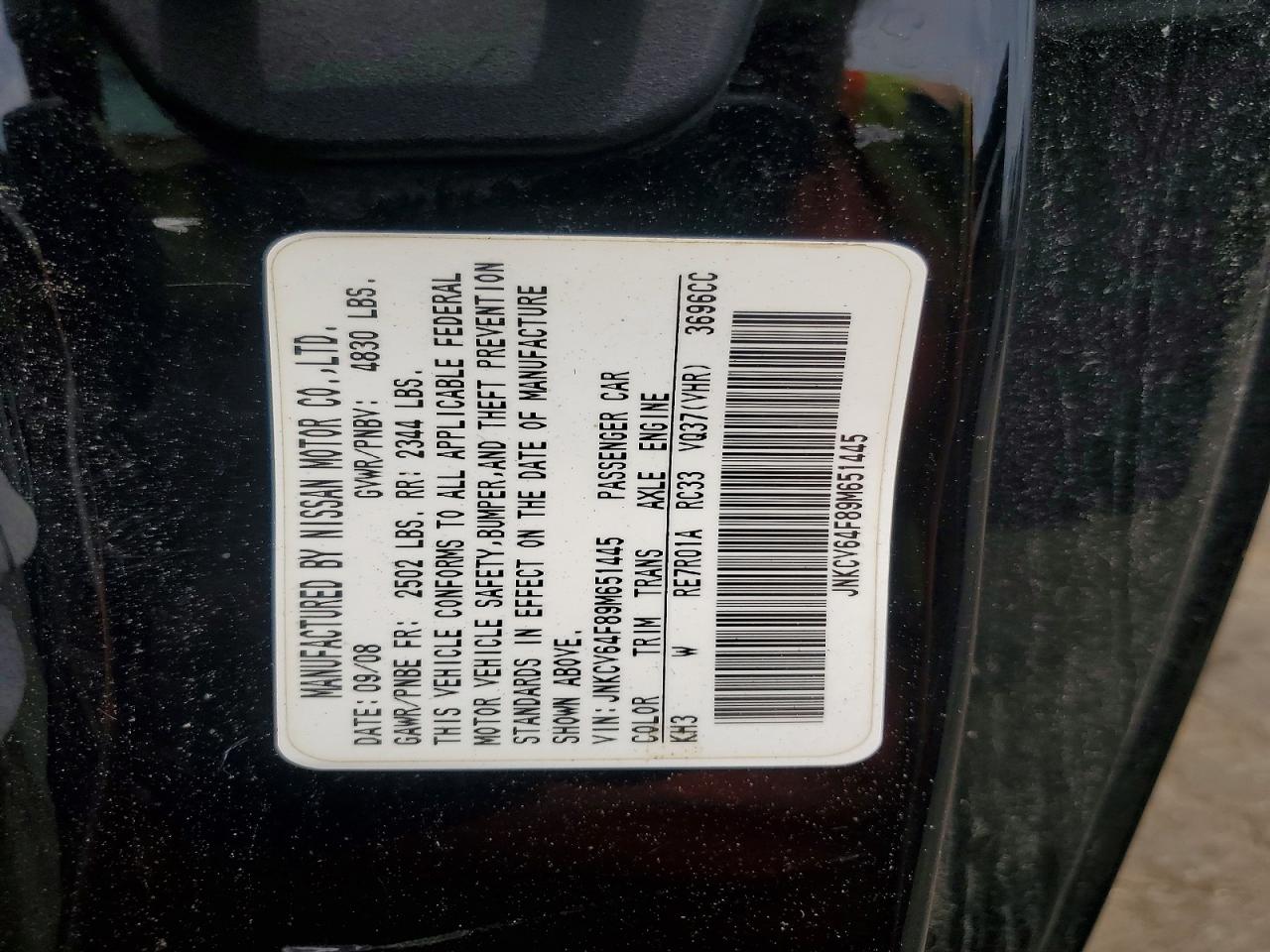 2009 Infiniti G37 Coupe X Black vin: JNKCV64F89M651445
