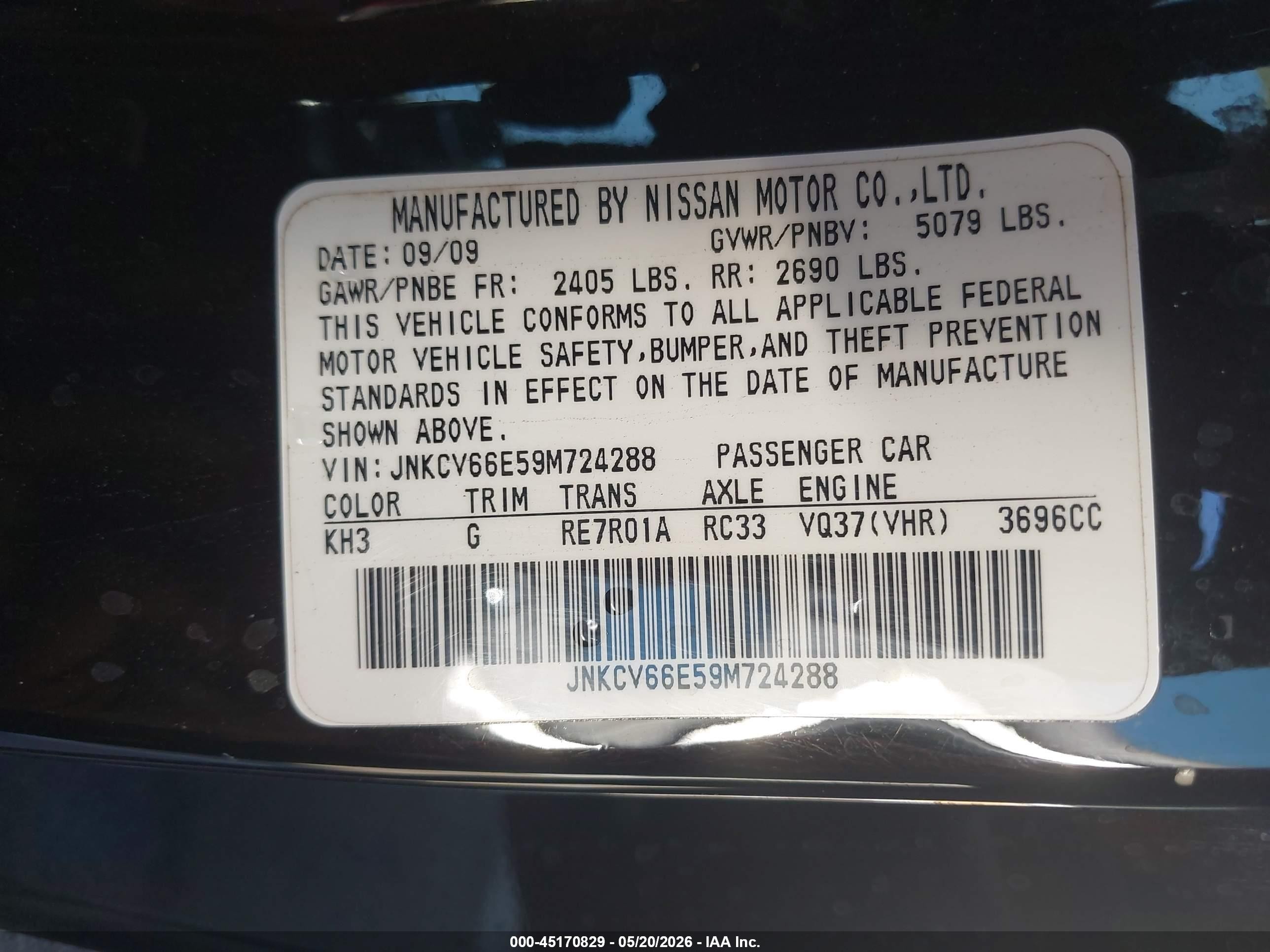 2009 Infiniti G37   Black vin: JNKCV66E59M724288