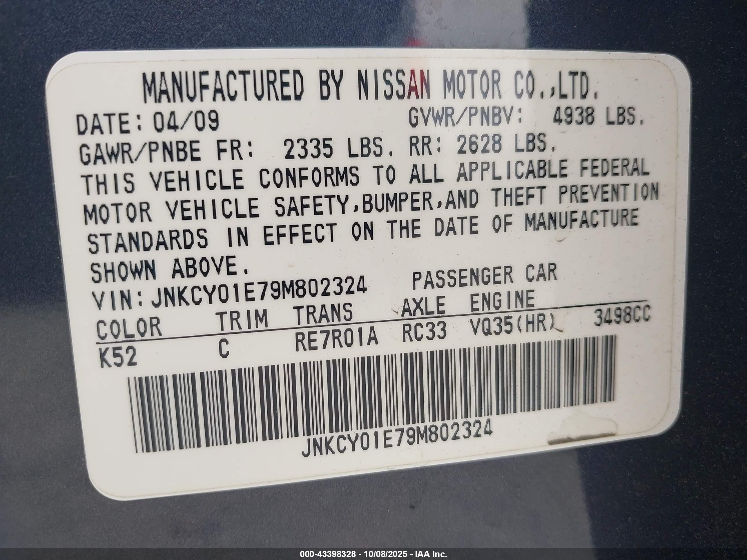 2009 Infiniti M35   Blue vin: JNKCY01E79M802324