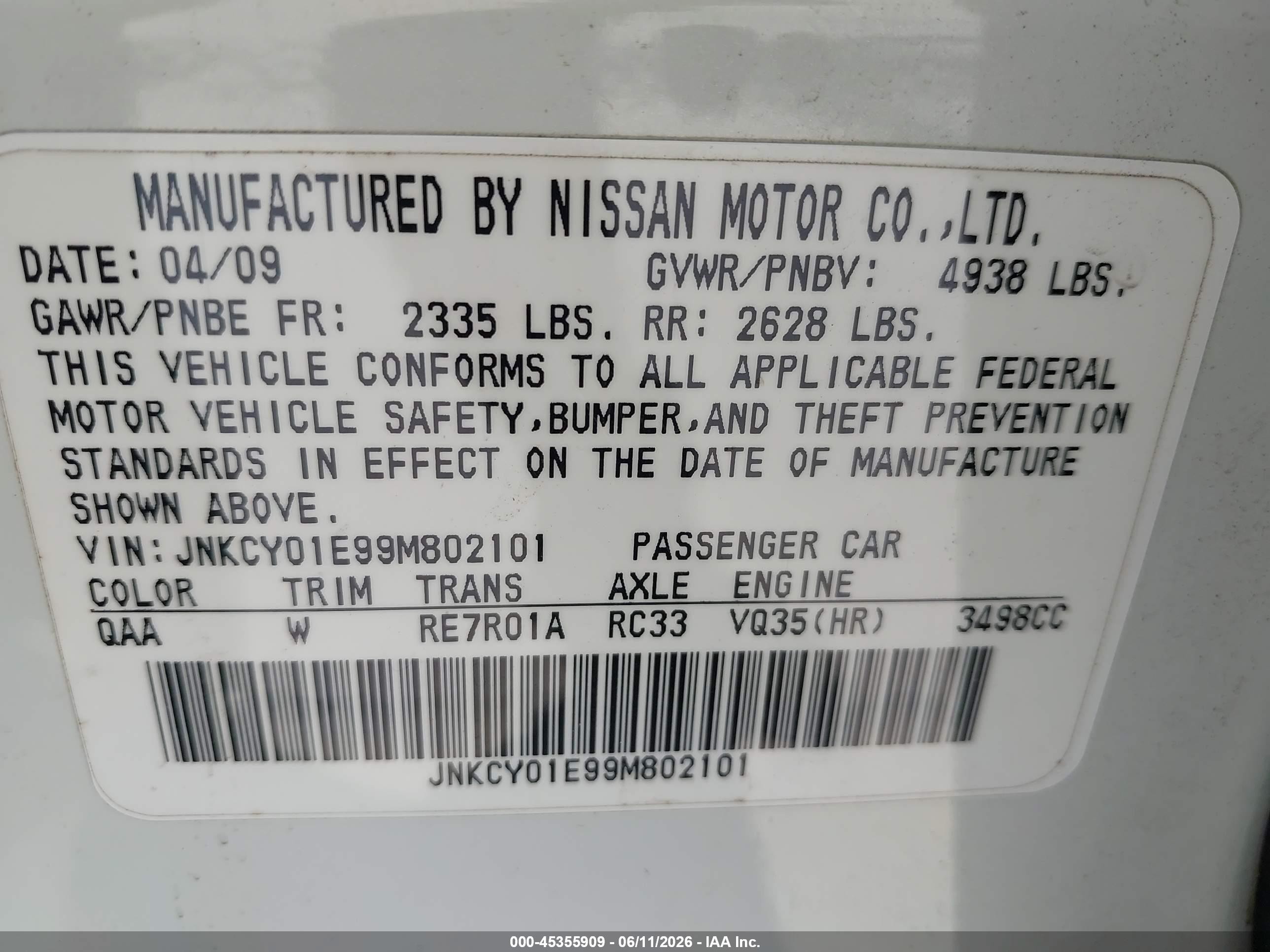 2009 Infiniti M35 White vin: JNKCY01E99M802101