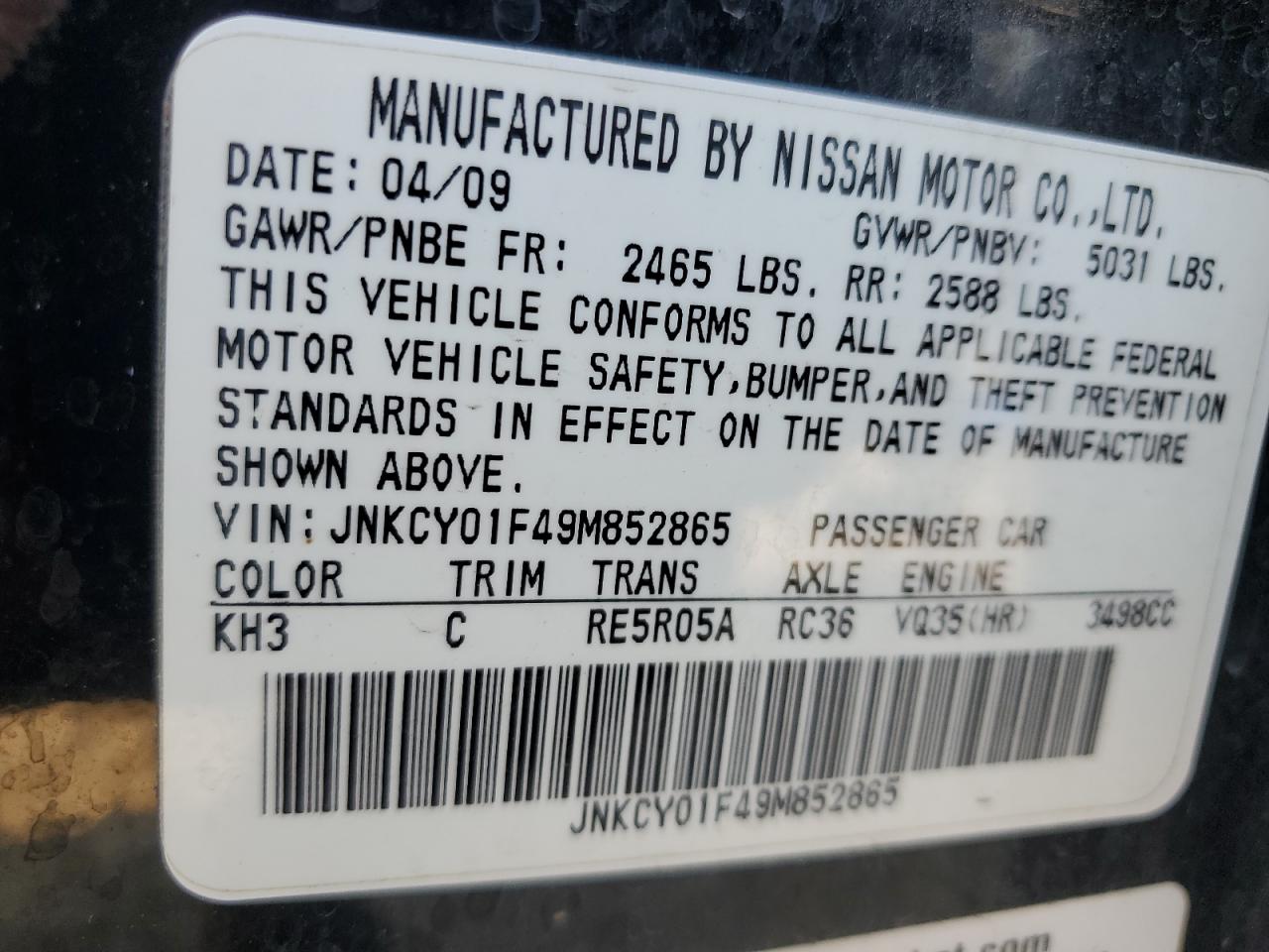 2009 Infiniti M35 Base Black vin: JNKCY01F49M852865