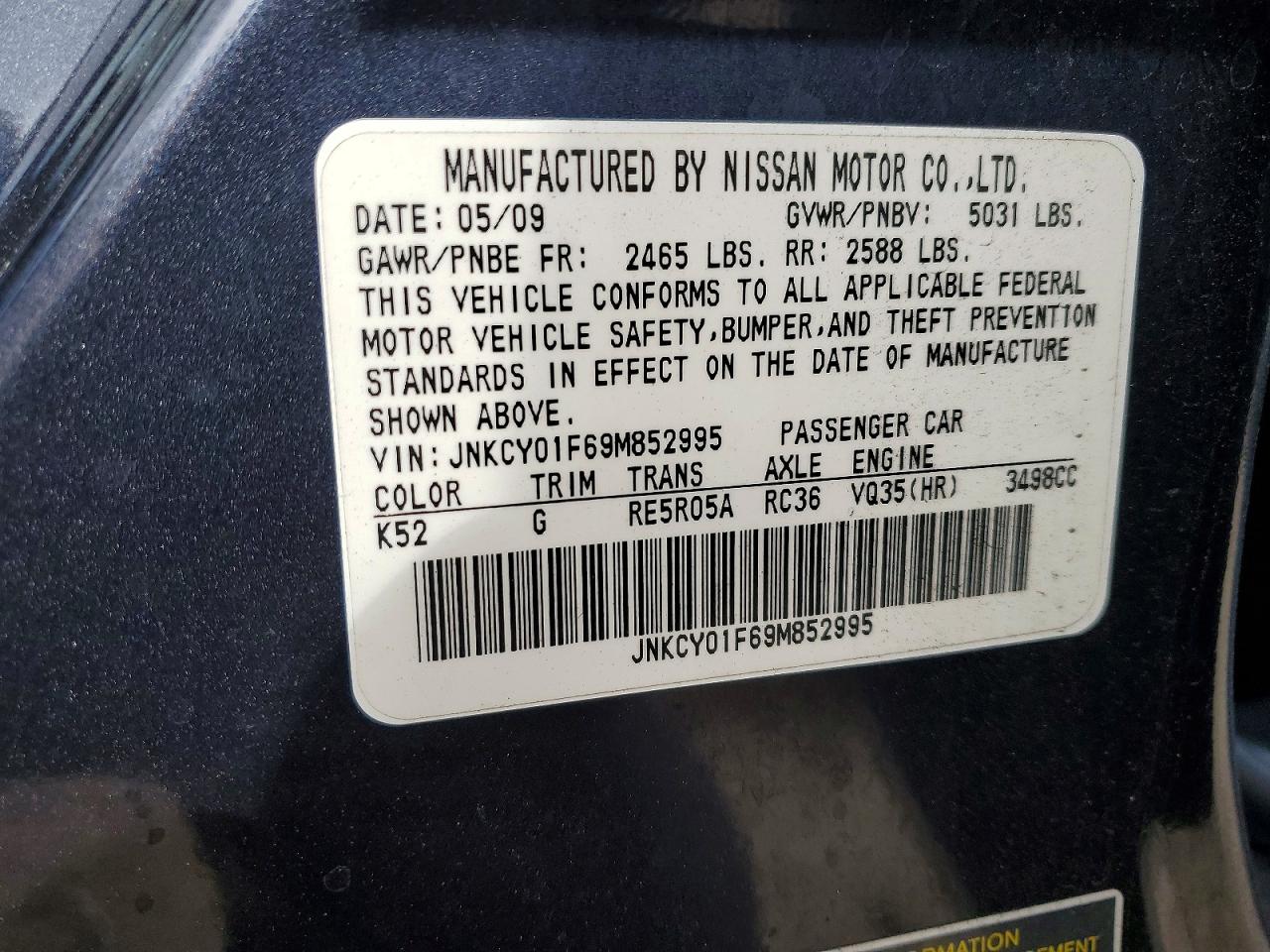 2009 Infiniti M35 X Charcoal vin: JNKCY01F69M852995