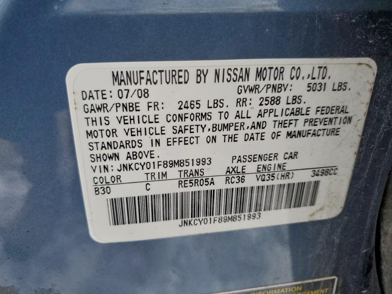 2009 Infiniti M35 Base Blue vin: JNKCY01F89M851993