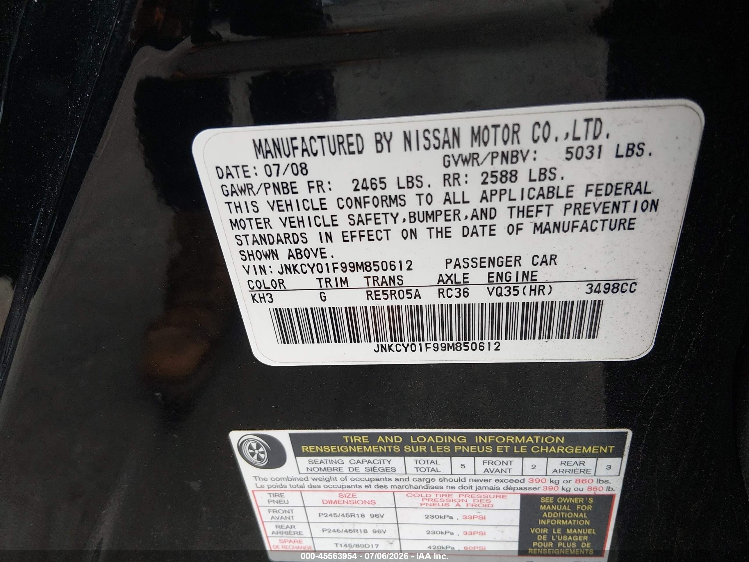 2009 Infiniti M35x   Black vin: JNKCY01F99M850612