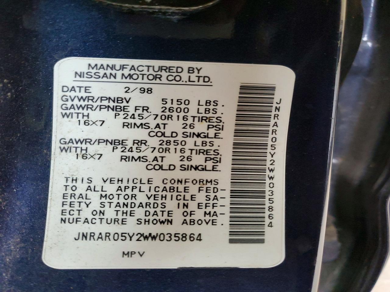 1998 Infiniti Qx4 Blue vin: JNRAR05Y2WW035864