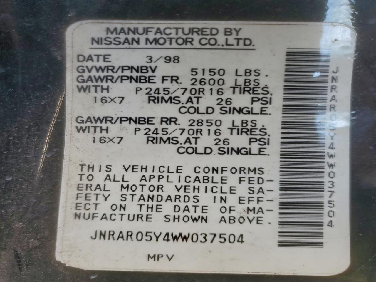 1998 Infiniti Qx4 Black vin: JNRAR05Y4WW037504