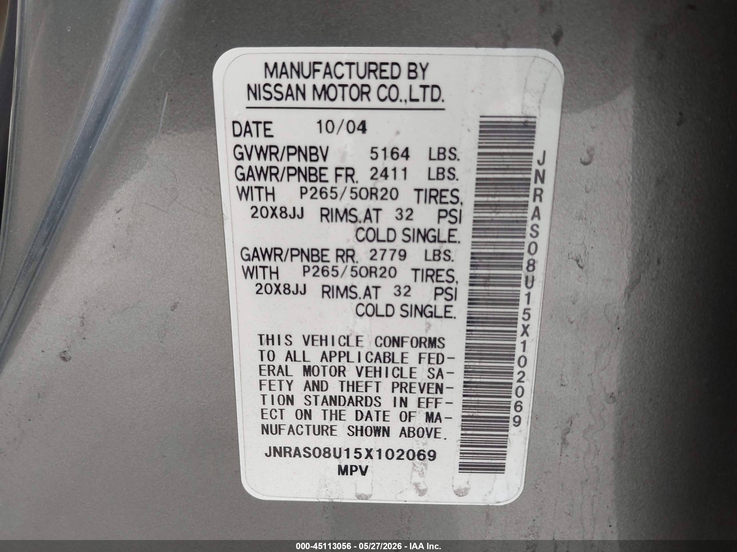 2005 Infiniti Fx35   Gray vin: JNRAS08U15X102069