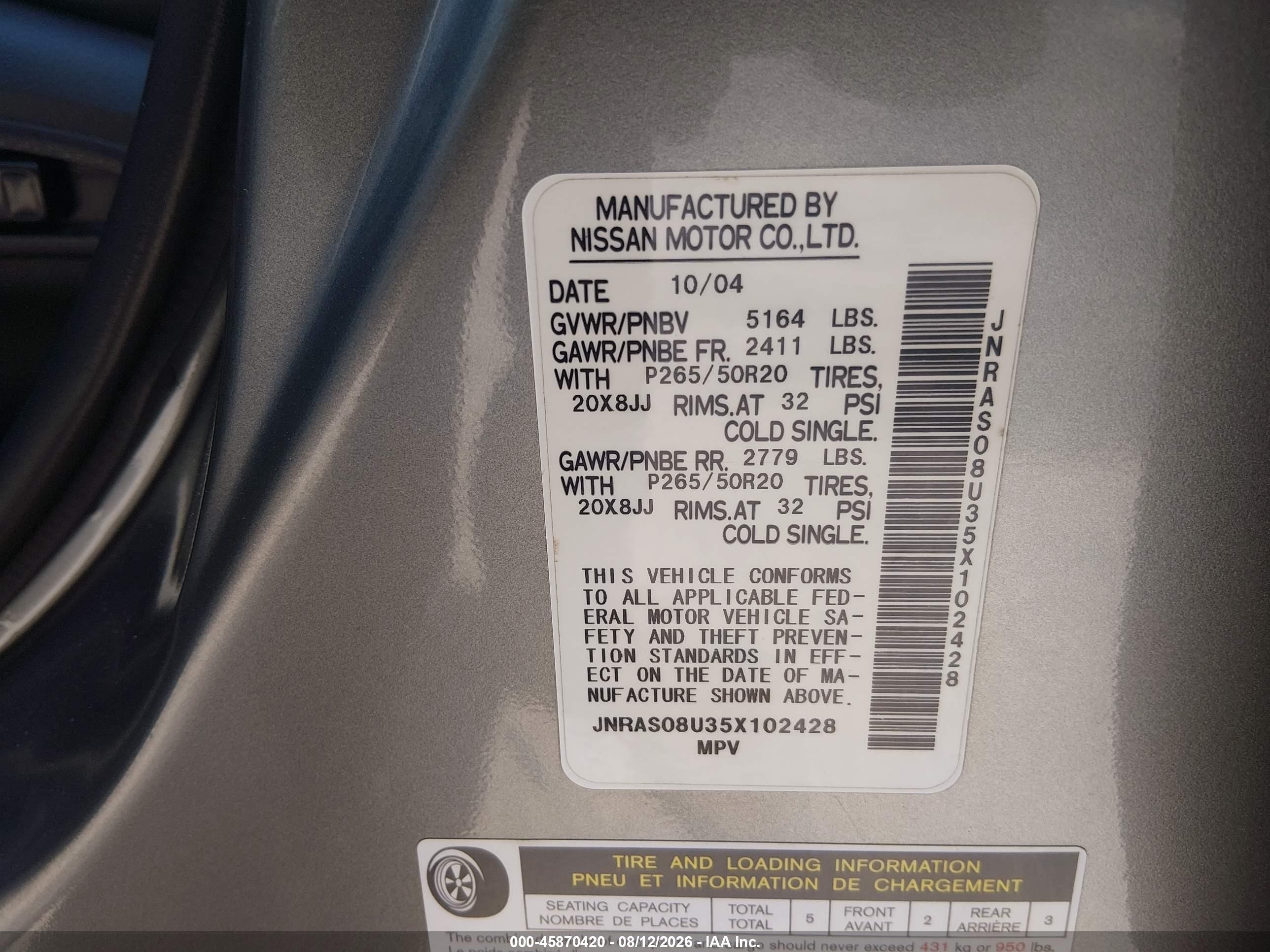2005 Infiniti Fx35   Gray vin: JNRAS08U35X102428