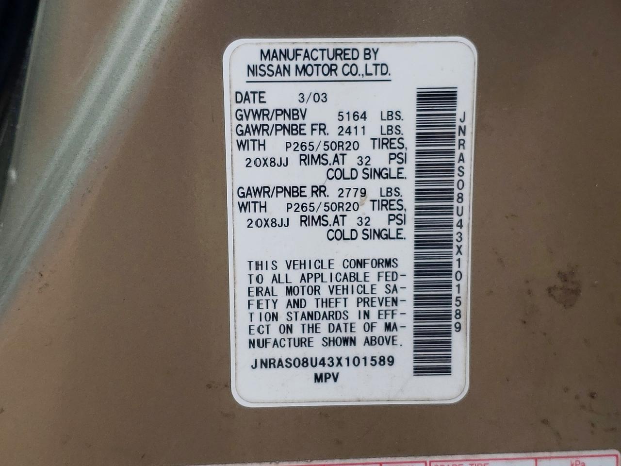 2003 Infiniti Fx35 Base Gold vin: JNRAS08U43X101589