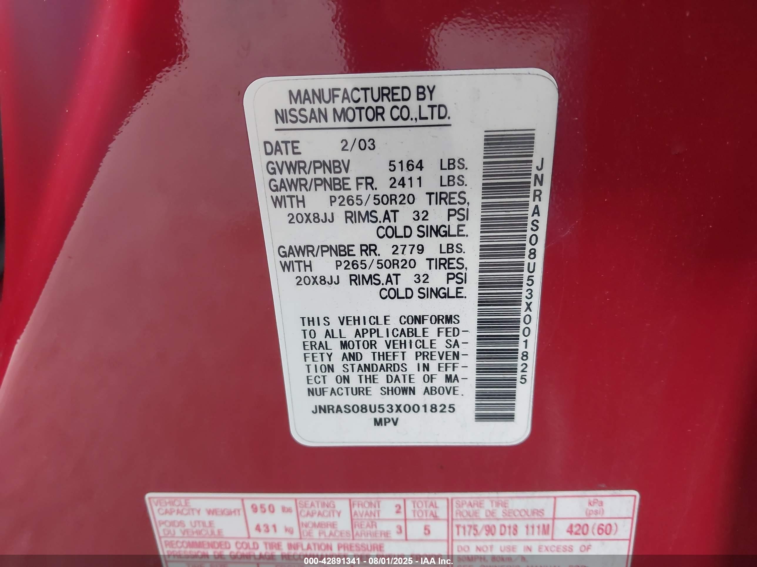 2003 Infiniti Fx35   Red vin: JNRAS08U53X001825