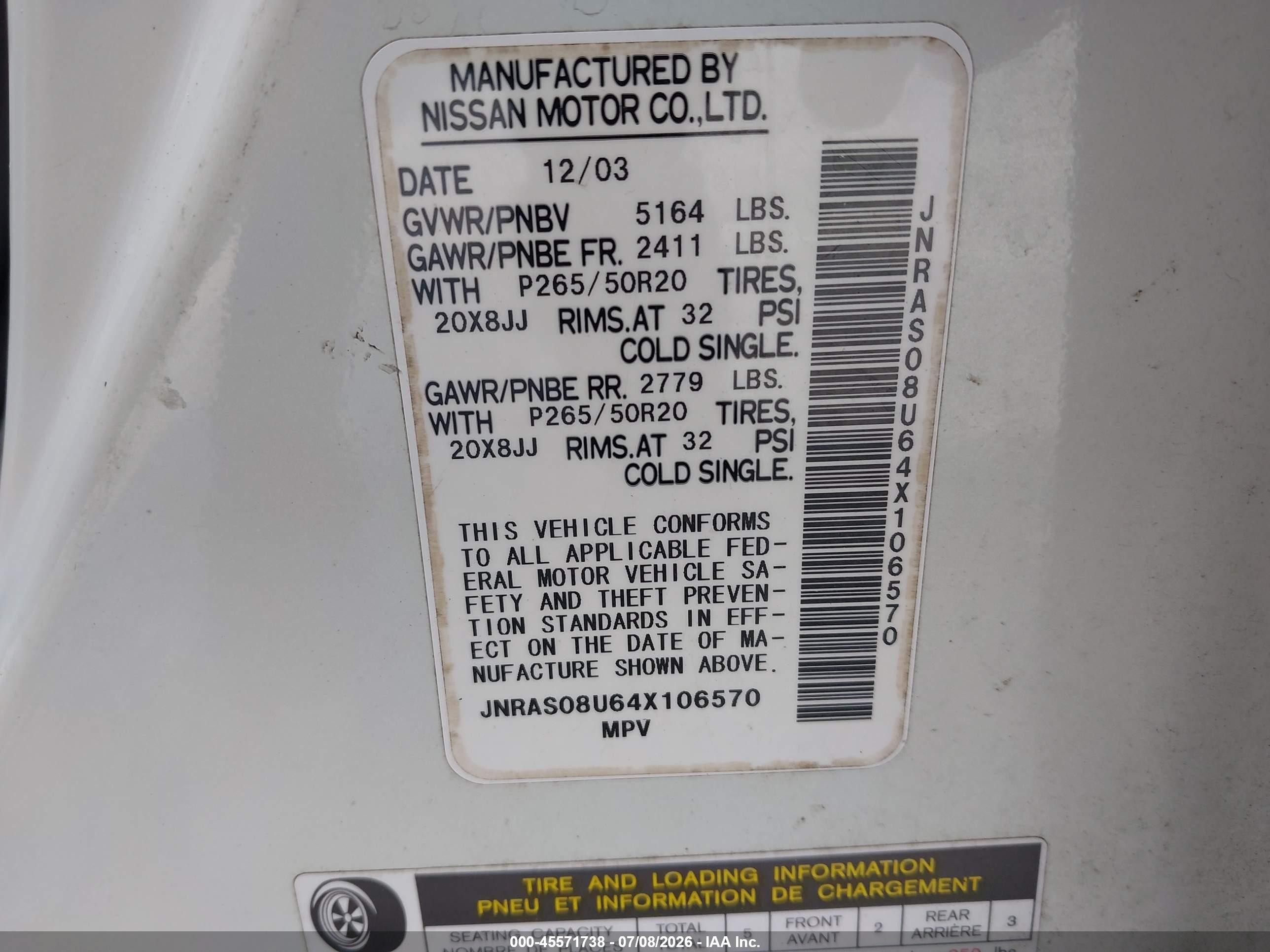 2004 Infiniti Fx35   White vin: JNRAS08U64X106570