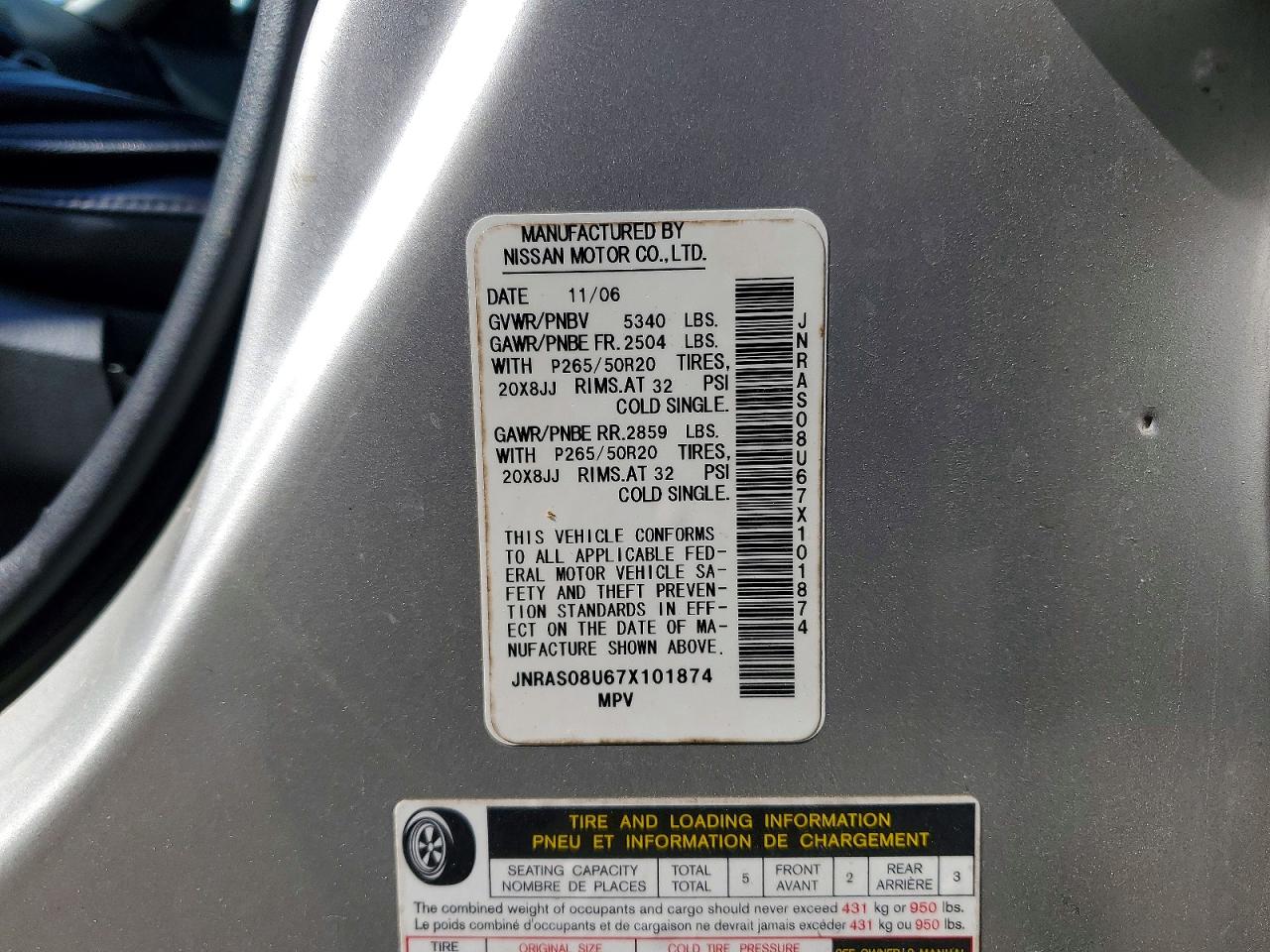 2007 Infiniti Fx35 Base Silver vin: JNRAS08U67X101874