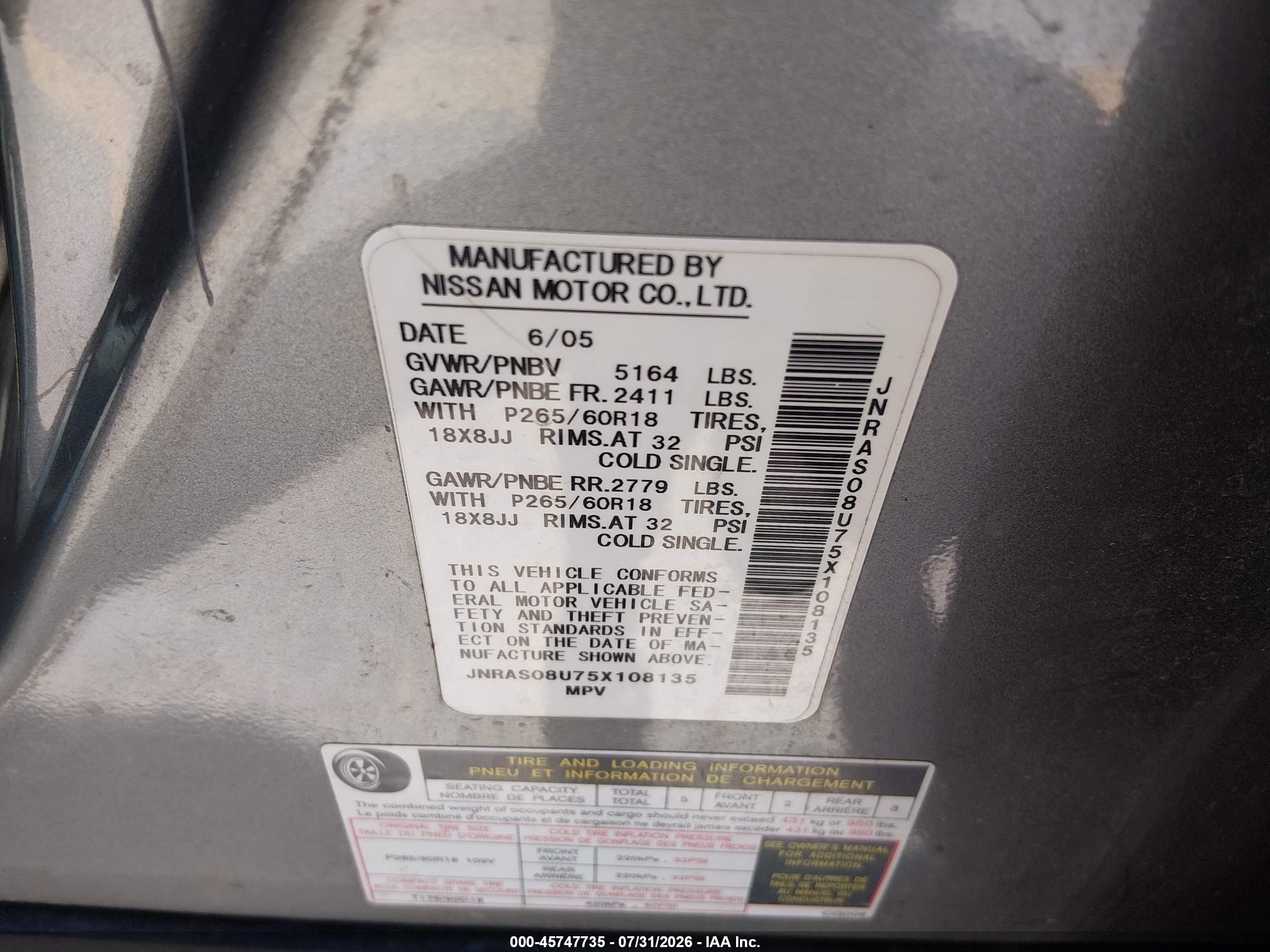 2005 Infiniti Fx35   Silver vin: JNRAS08U75X108135