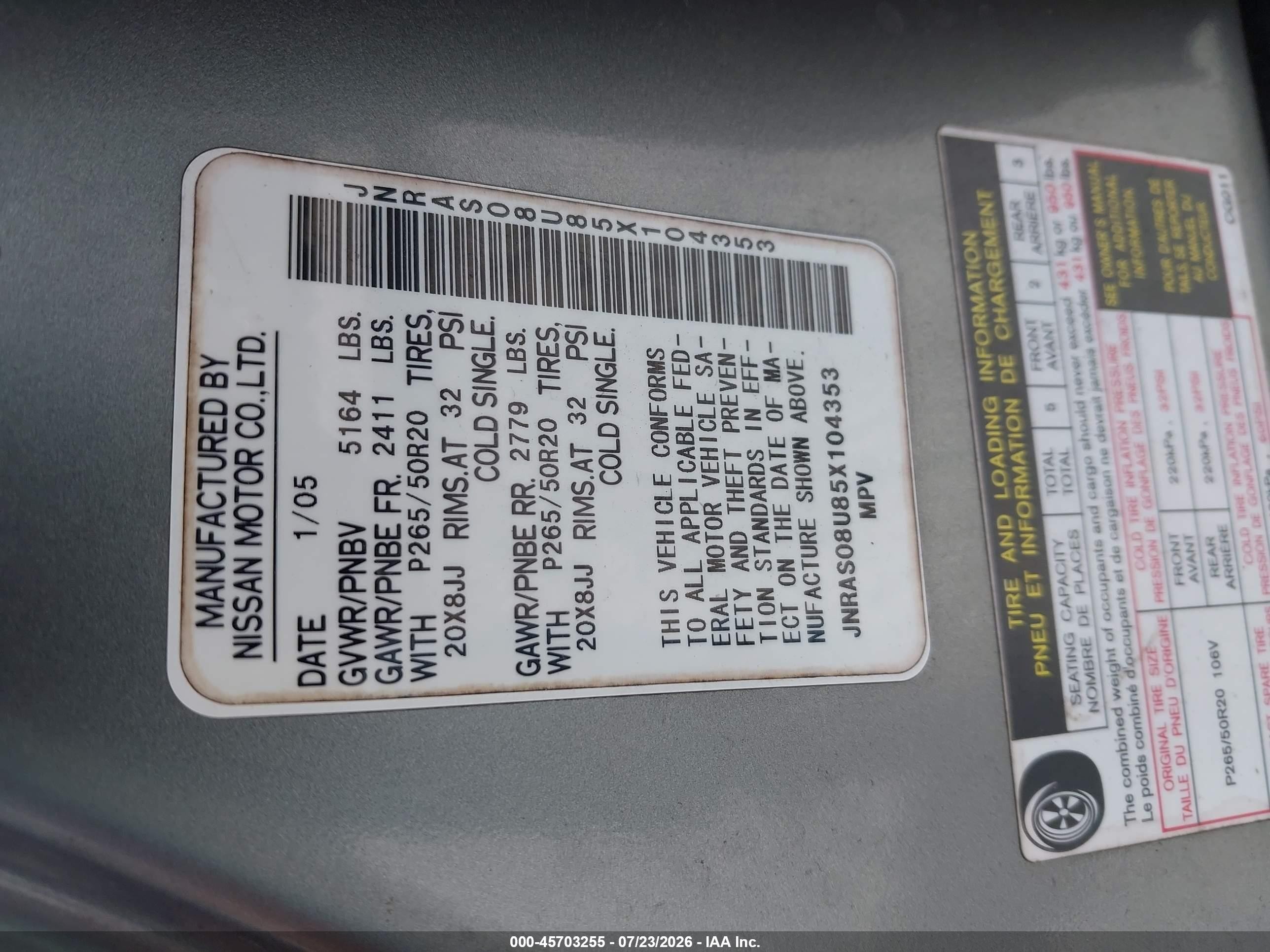 2005 Infiniti Fx35   Gray vin: JNRAS08U85X104353