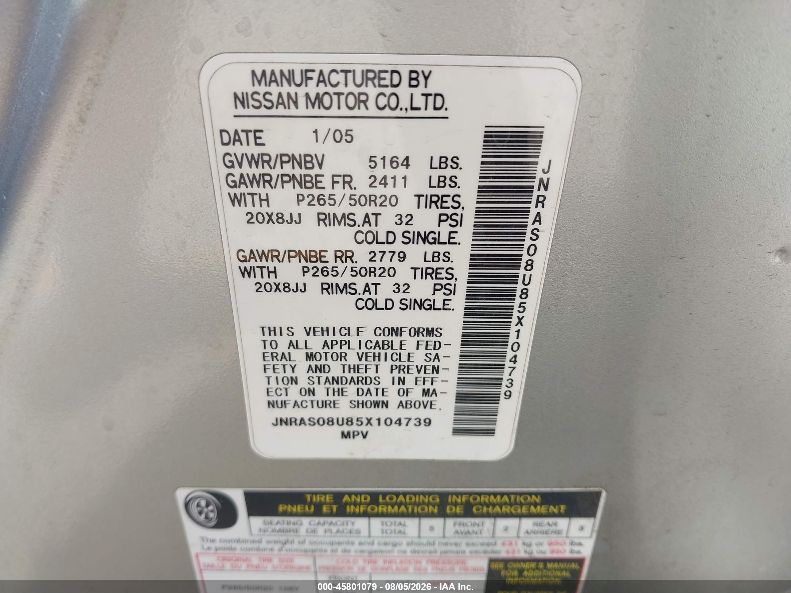 2005 Infiniti Fx35   Silver vin: JNRAS08U85X104739