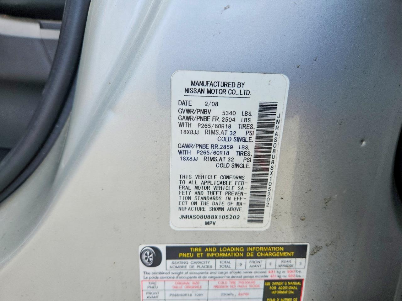2008 Infiniti Fx35 Base Silver vin: JNRAS08U88X105202