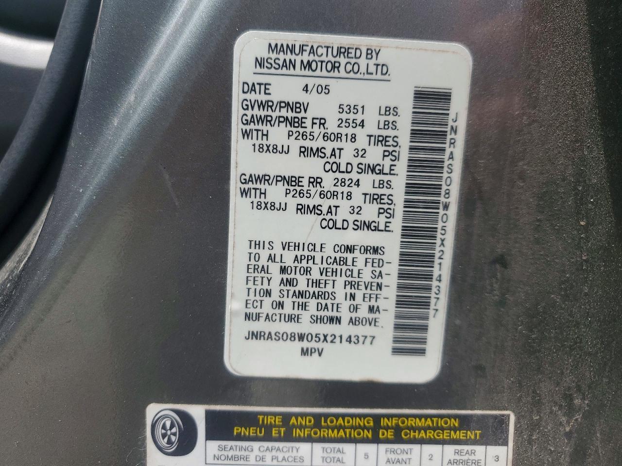 2005 Infiniti Fx35 Base Gray vin: JNRAS08W05X214377