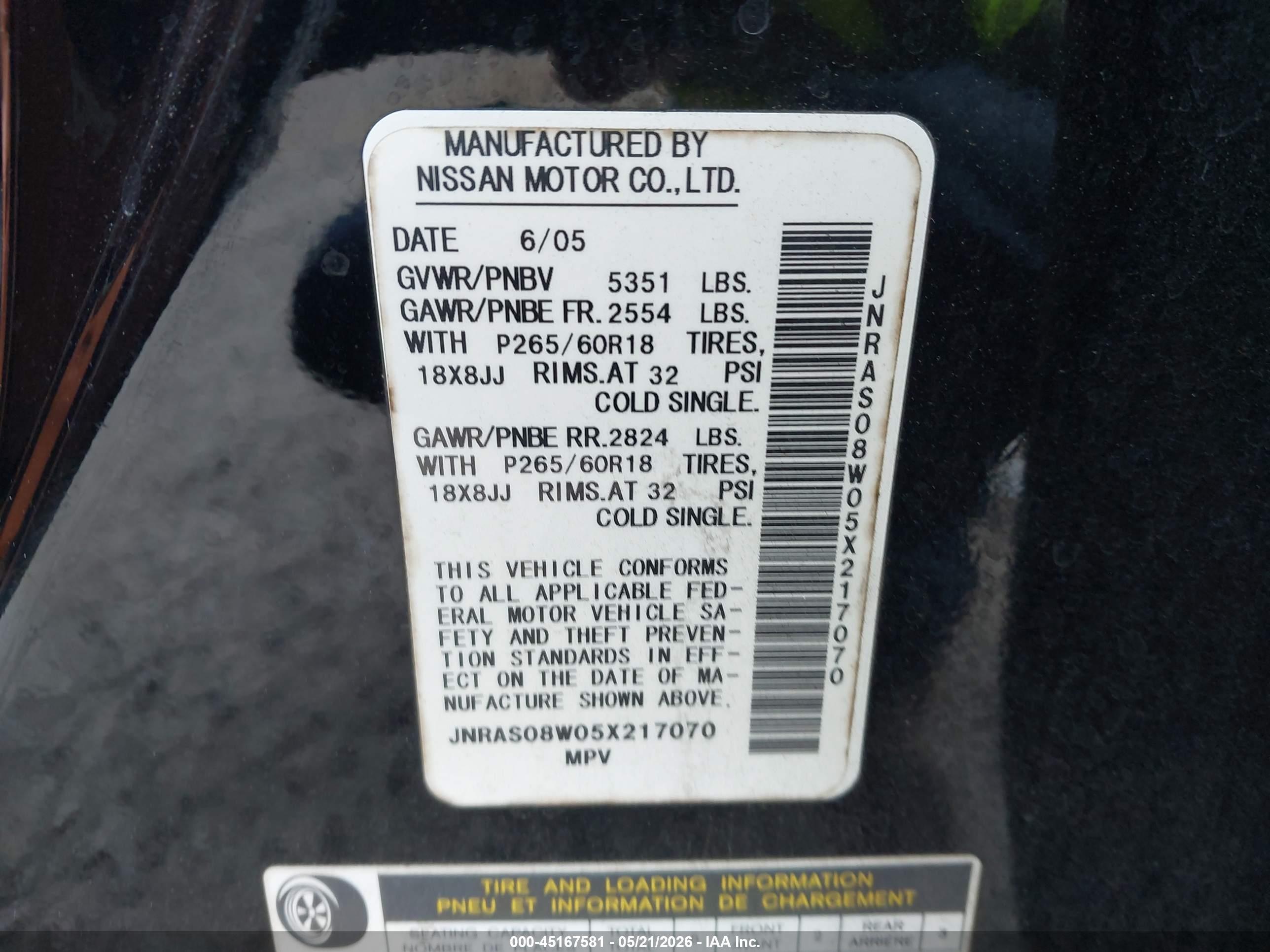 2005 Infiniti Fx35 Black vin: JNRAS08W05X217070