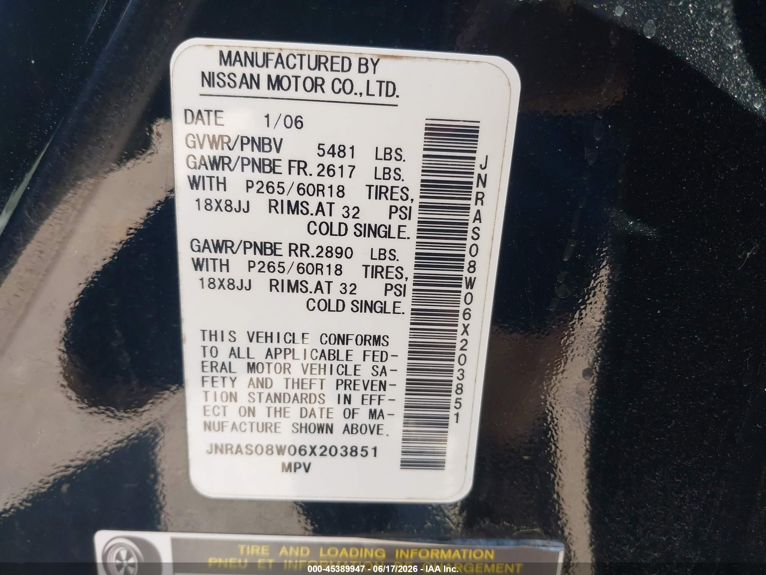 2006 Infiniti Fx35   Black vin: JNRAS08W06X203851