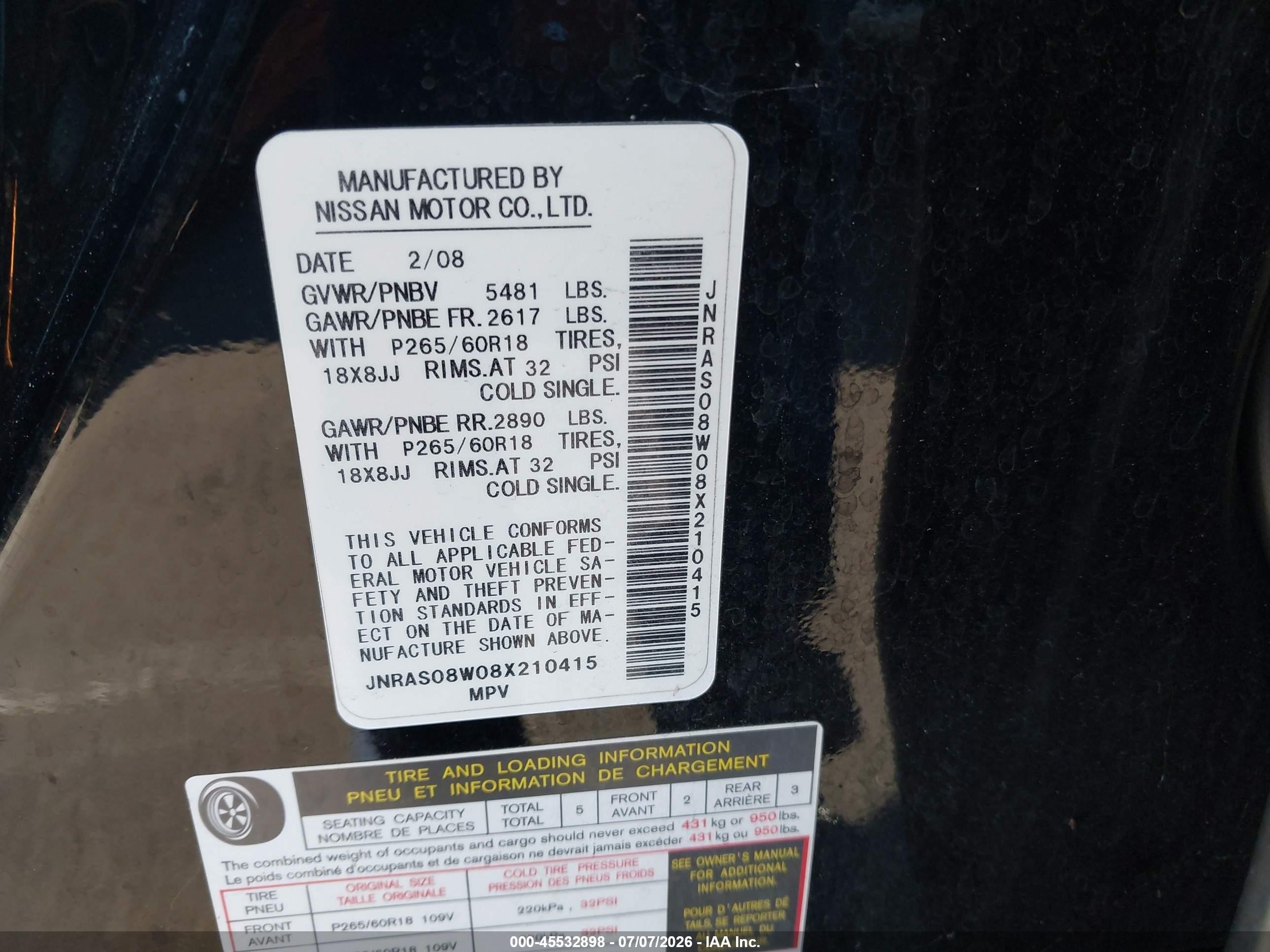2008 Infiniti Fx35   Black vin: JNRAS08W08X210415