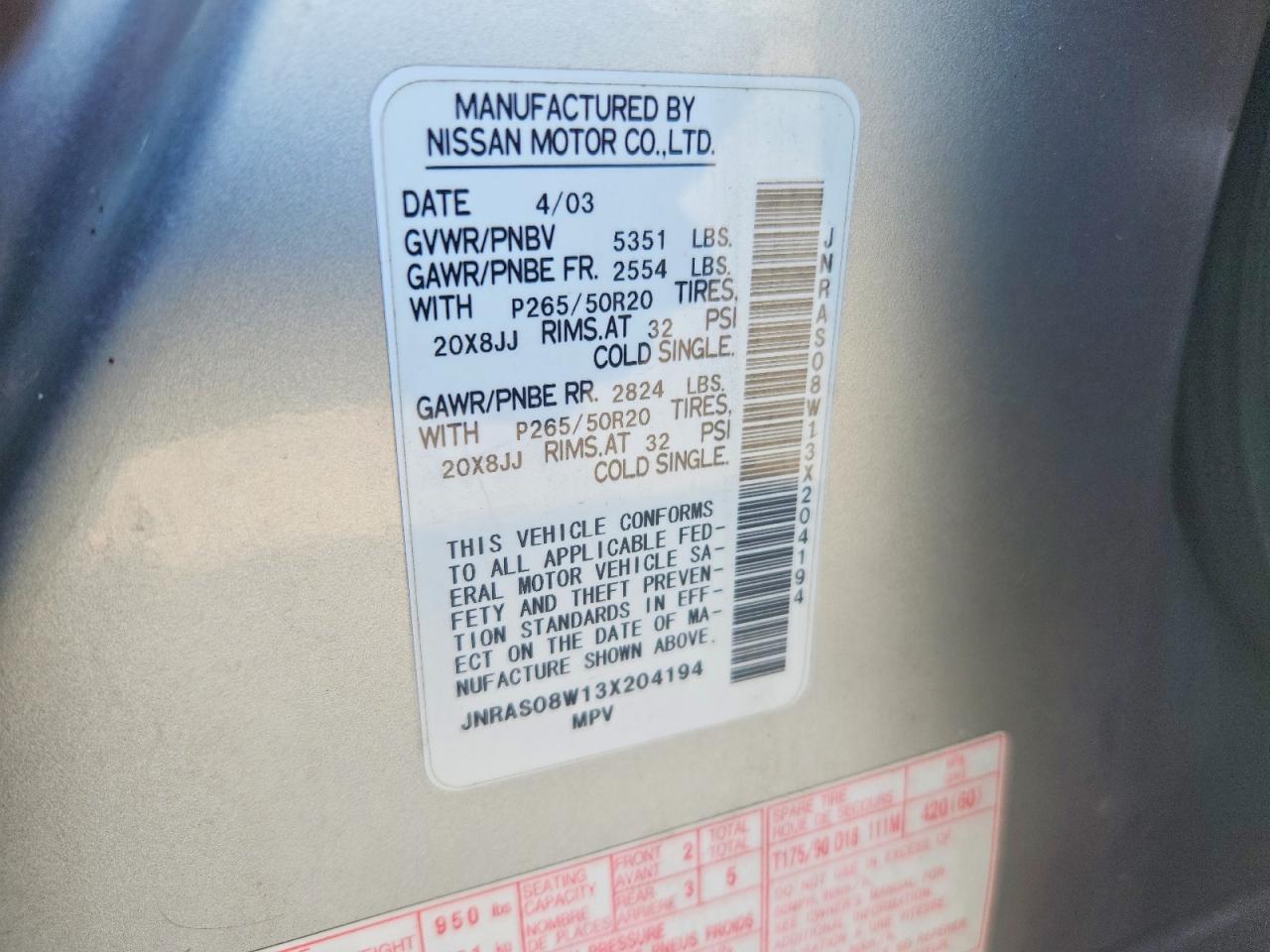 2003 Infiniti Fx35 Base Silver vin: JNRAS08W13X204194