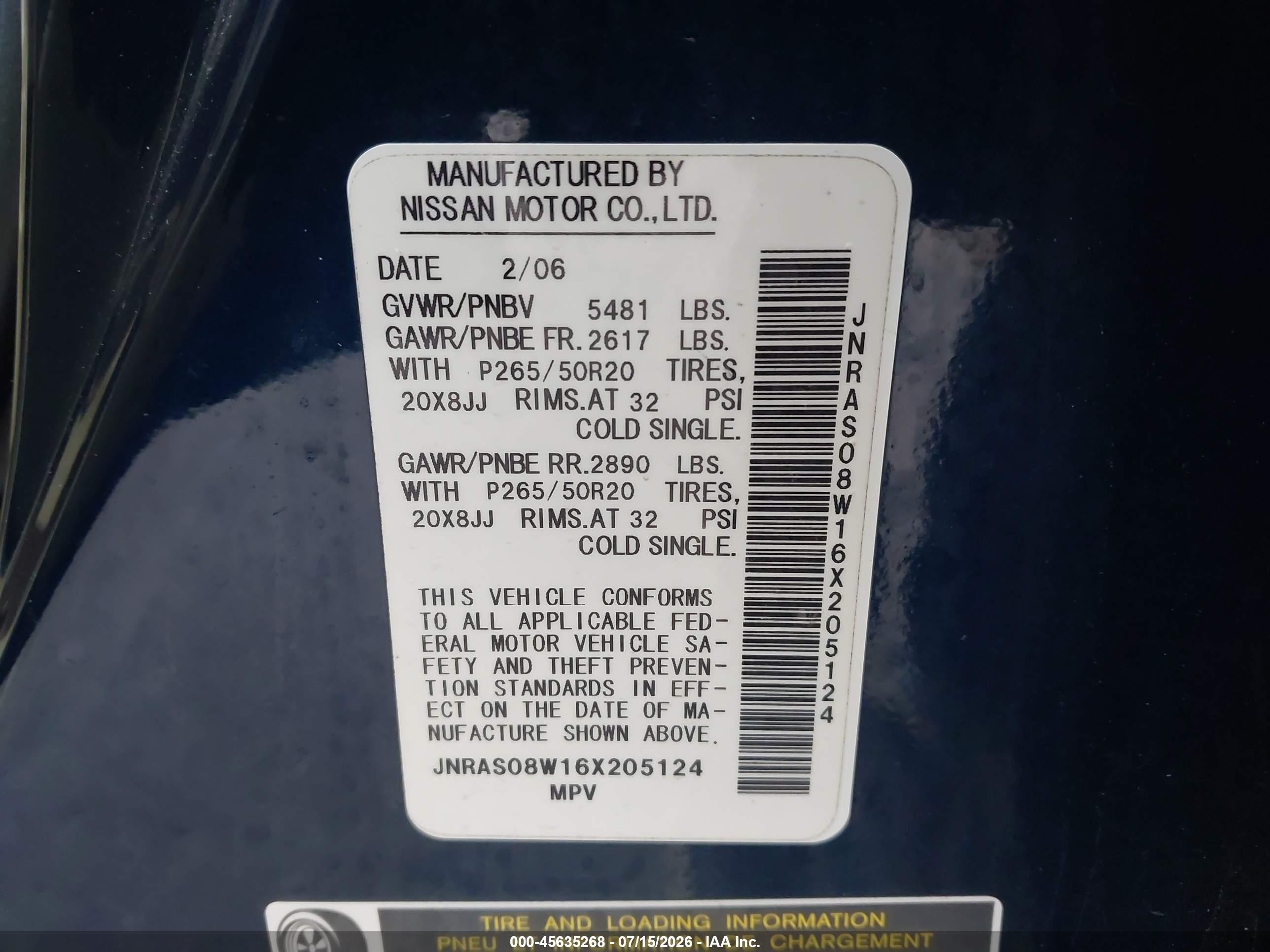 2006 Infiniti Fx35   Dark Blue vin: JNRAS08W16X205124