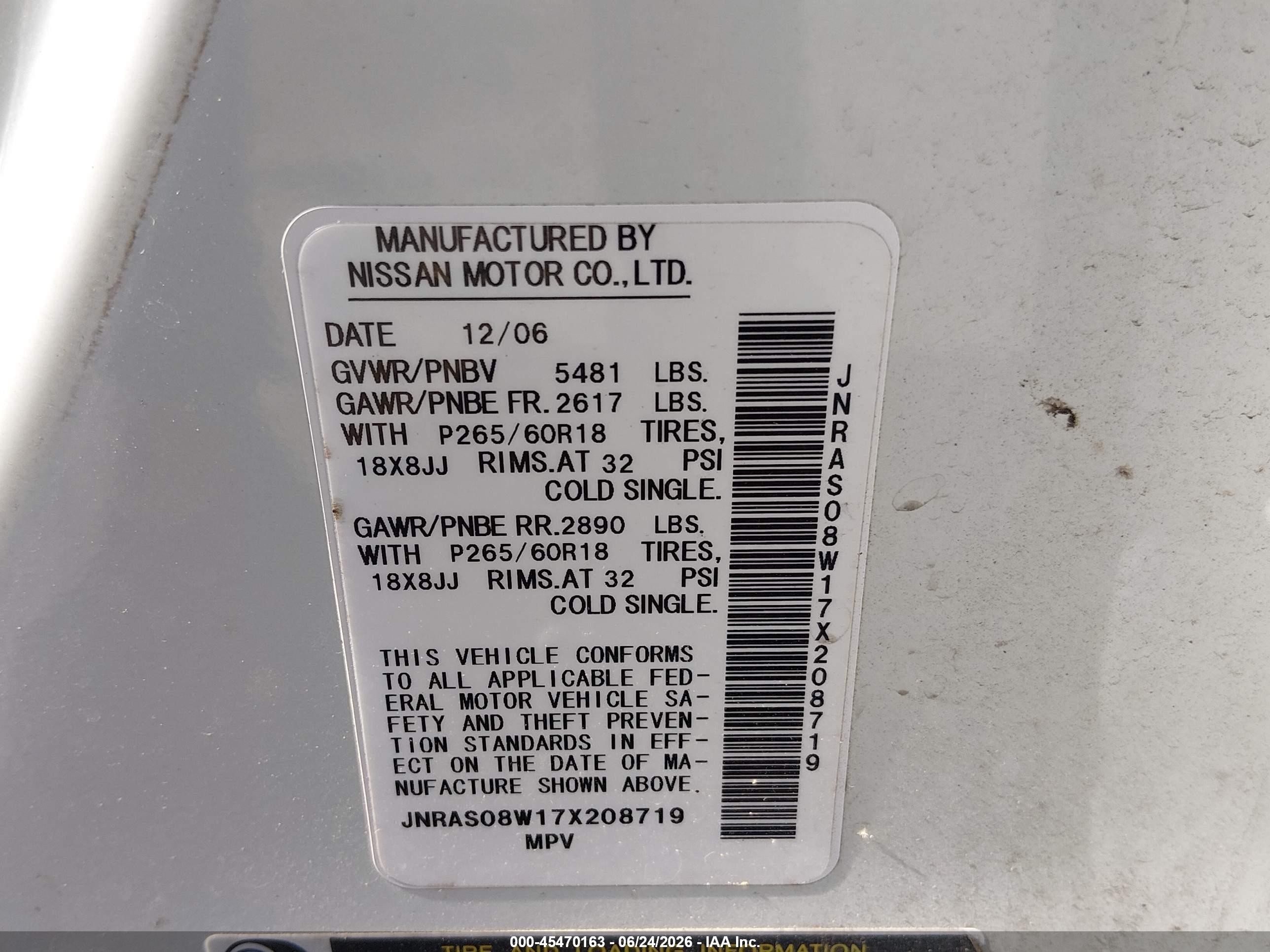 2007 Infiniti Fx35   White vin: JNRAS08W17X208719