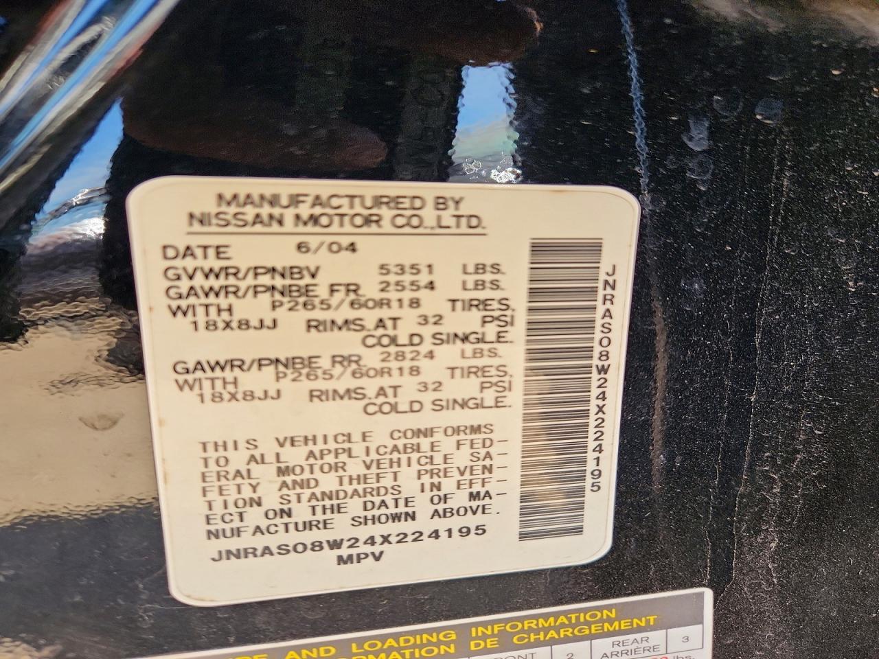 2004 Infiniti Fx35 Base Black vin: JNRAS08W24X224195