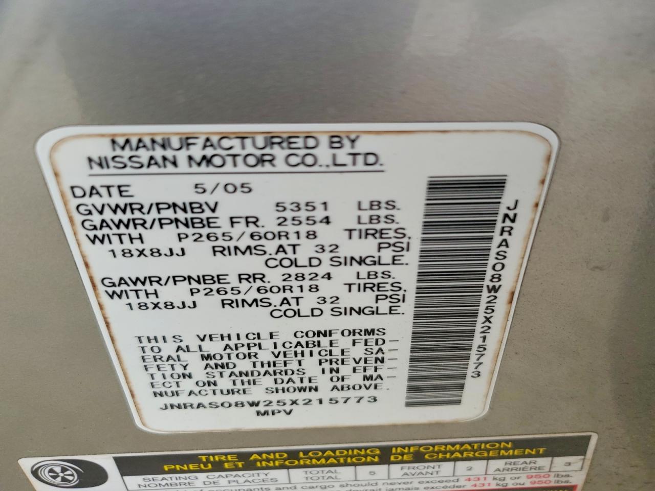 2005 Infiniti Fx35 Base Silver vin: JNRAS08W25X215773