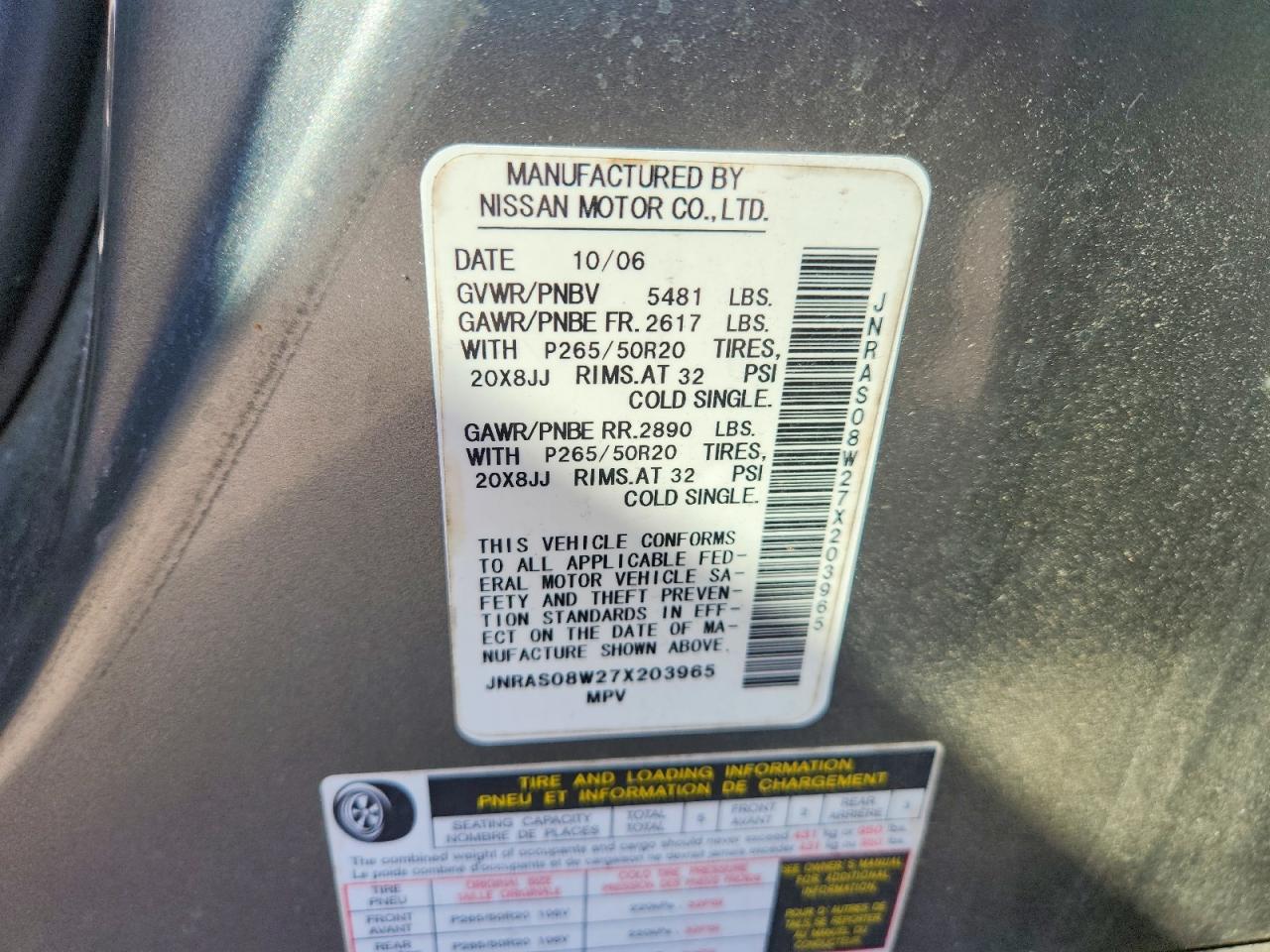 2007 Infiniti Fx35 Base Gray vin: JNRAS08W27X203965