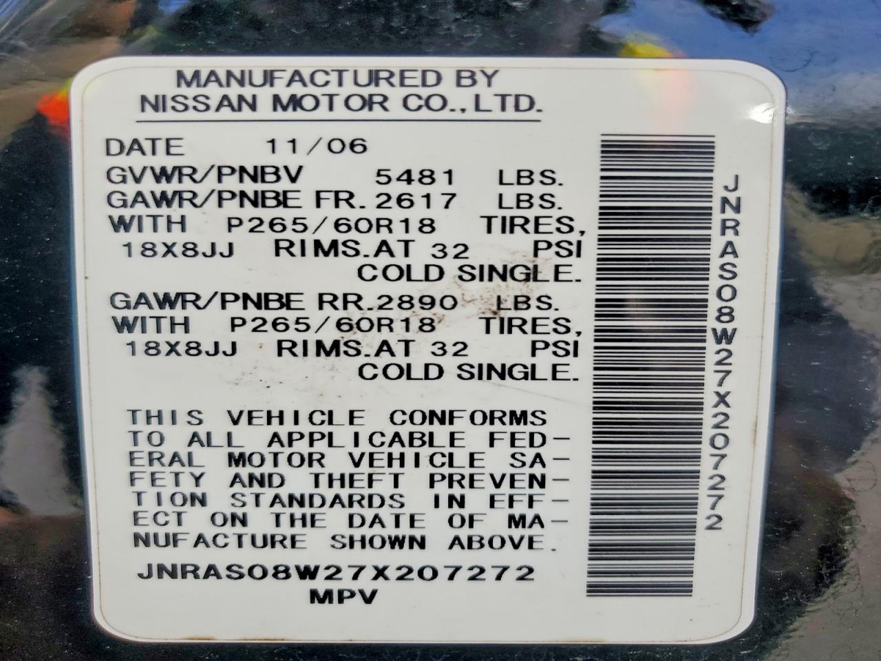 2007 Infiniti Fx35 Base Черный vin: JNRAS08W27X207272