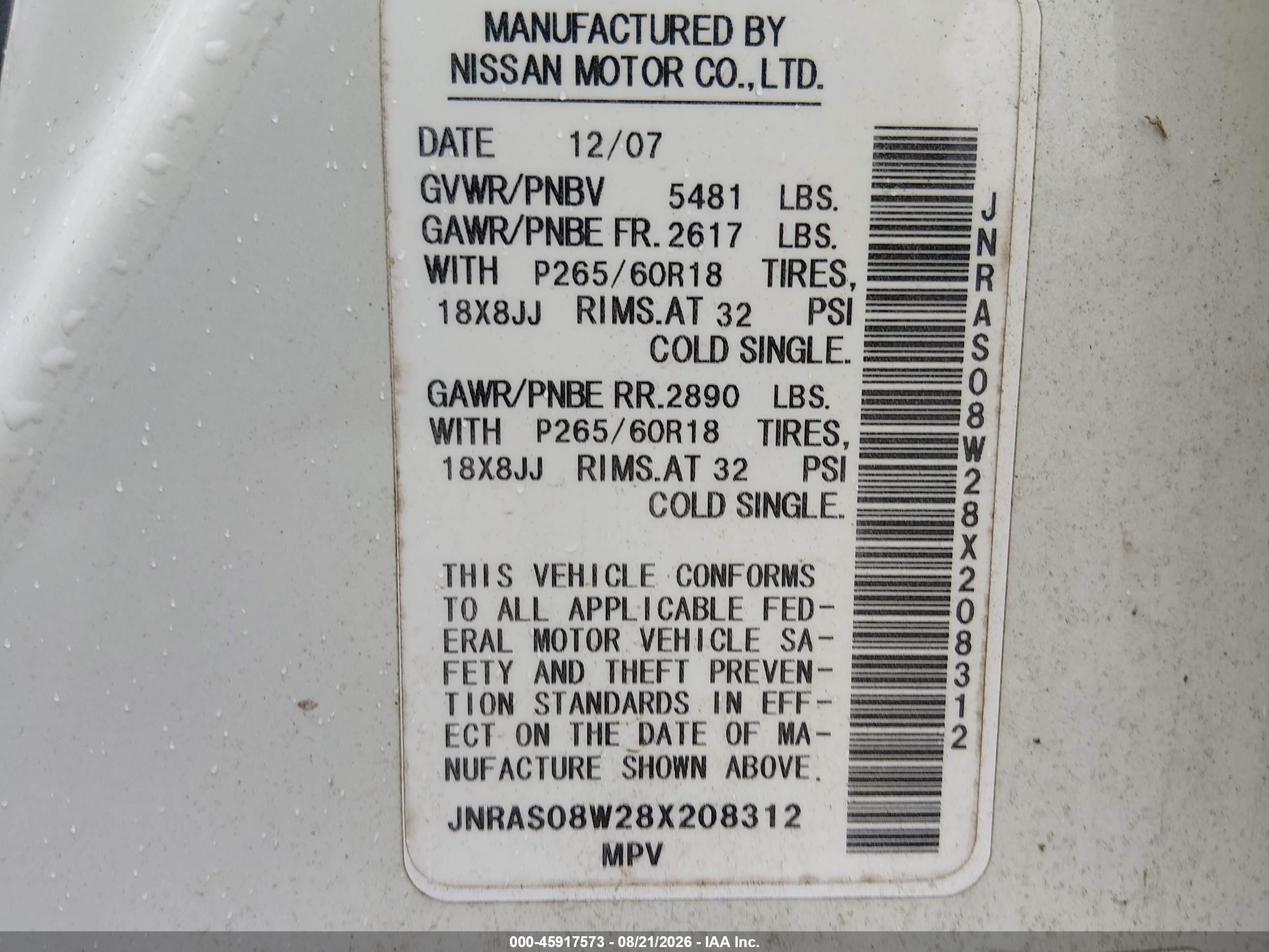 2008 Infiniti Fx35   White vin: JNRAS08W28X208312
