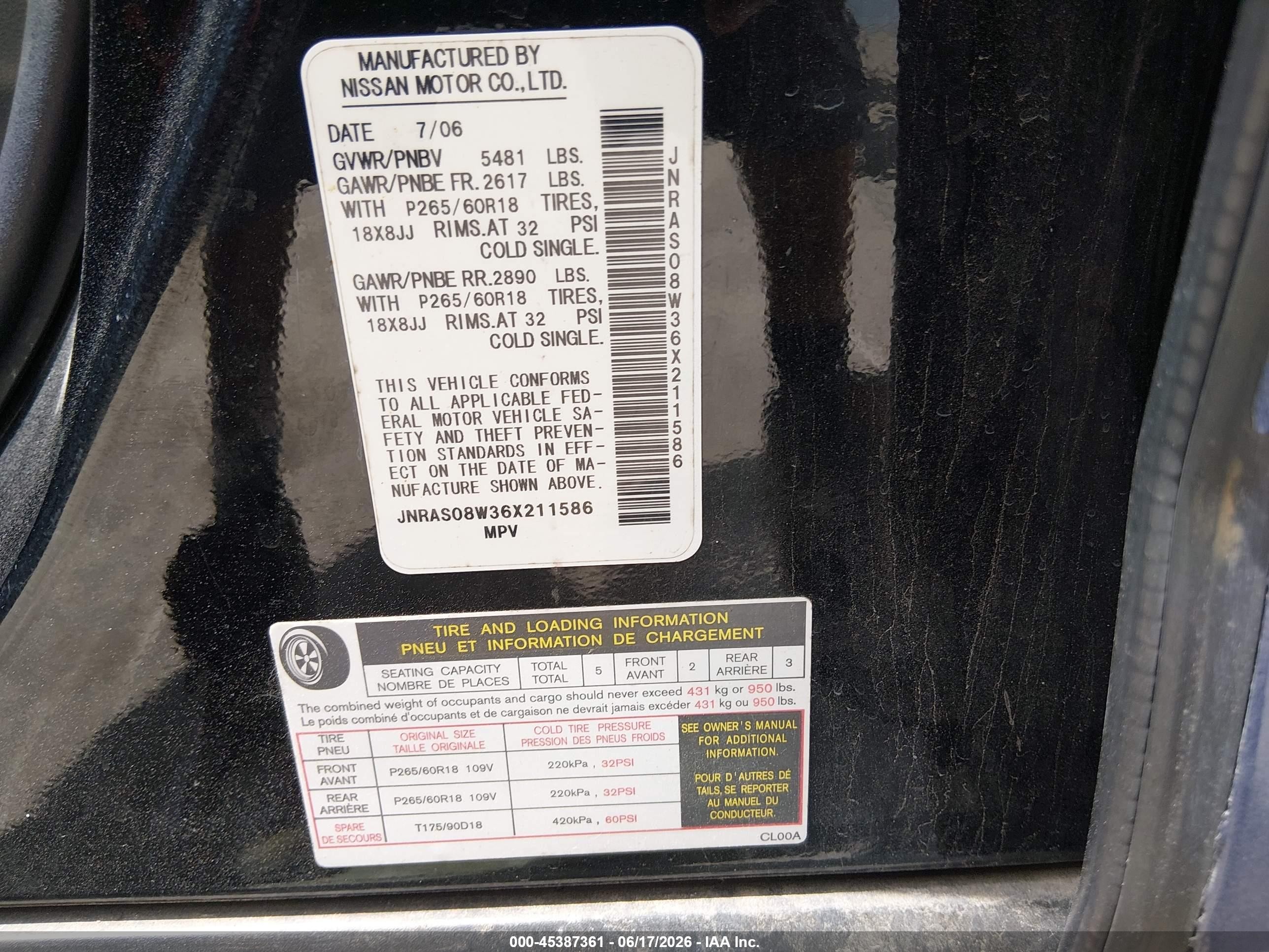 2006 Infiniti Fx35   Blue vin: JNRAS08W36X211586