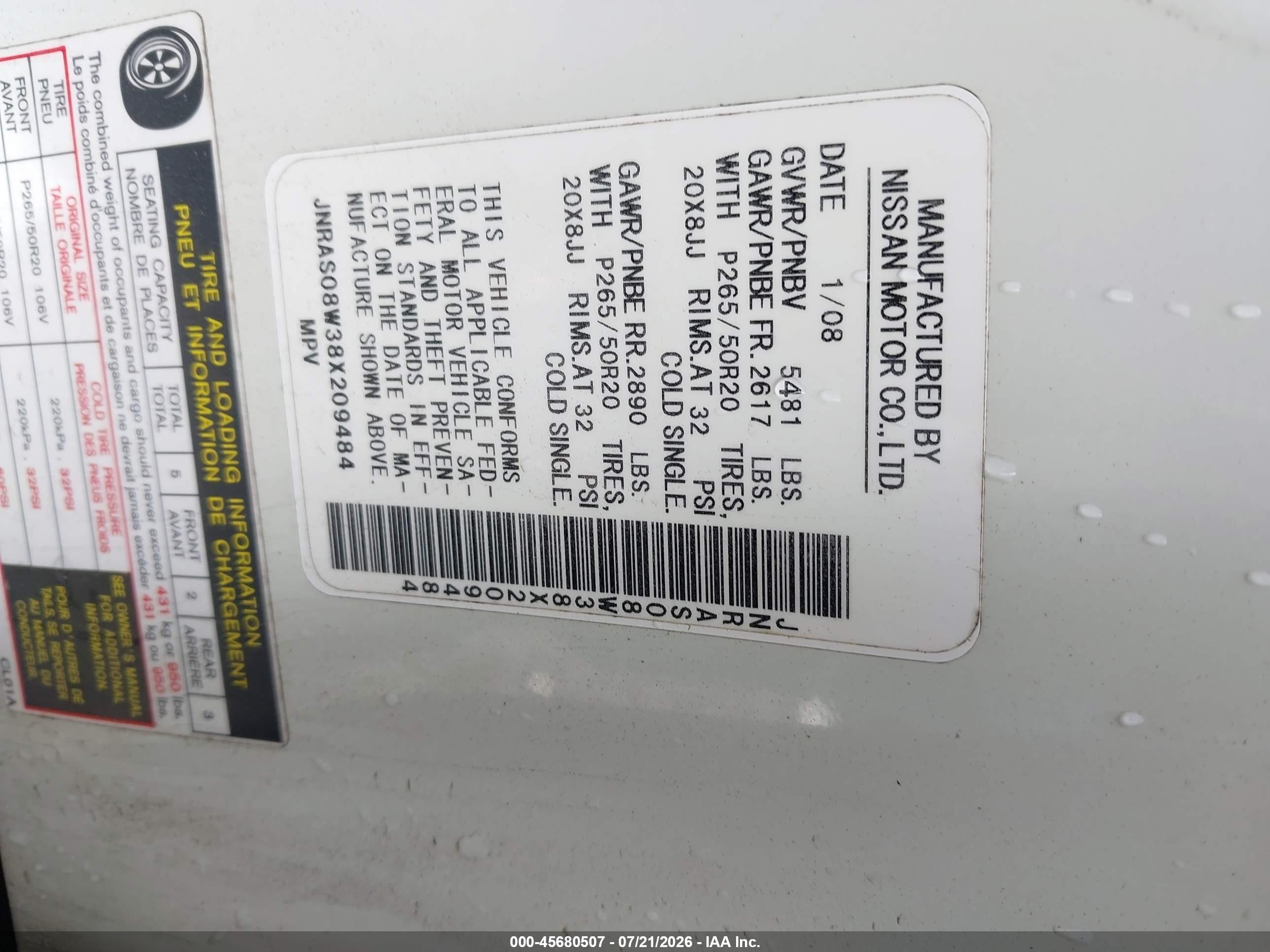 2008 Infiniti Fx35   Белый vin: JNRAS08W38X209484