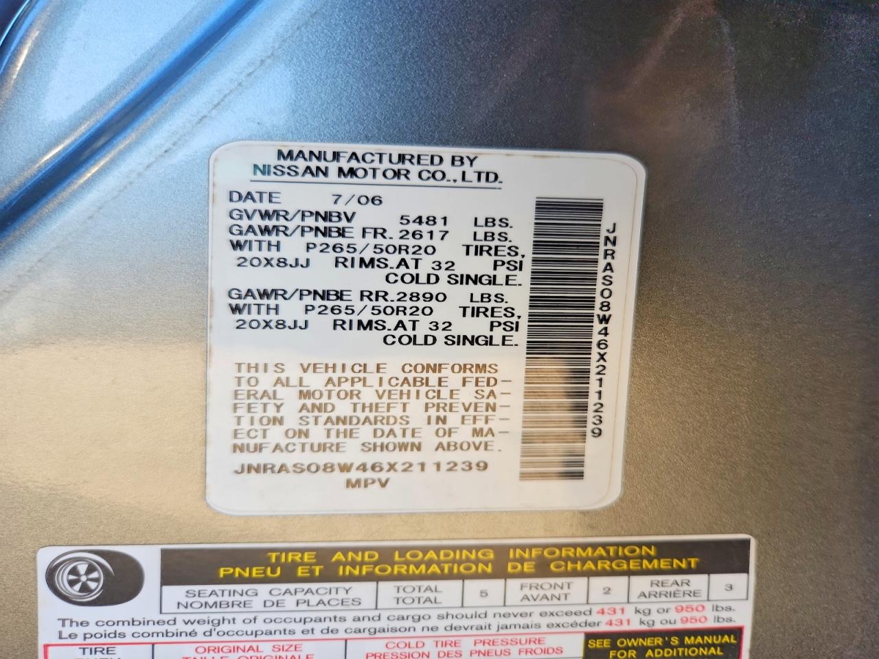2006 Infiniti Fx35 Base Silver vin: JNRAS08W46X211239