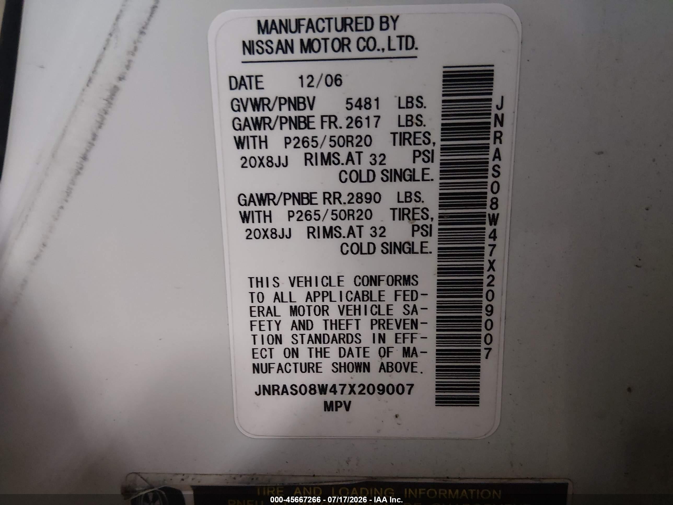 2007 Infiniti Fx35   White vin: JNRAS08W47X209007