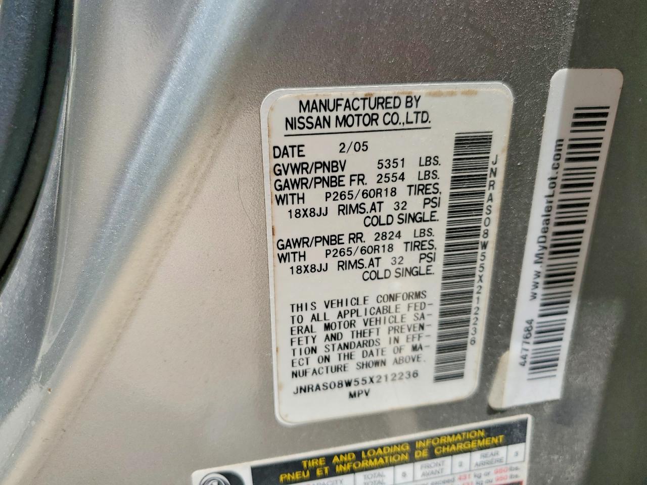 2005 Infiniti Fx35 Base Silver vin: JNRAS08W55X212236
