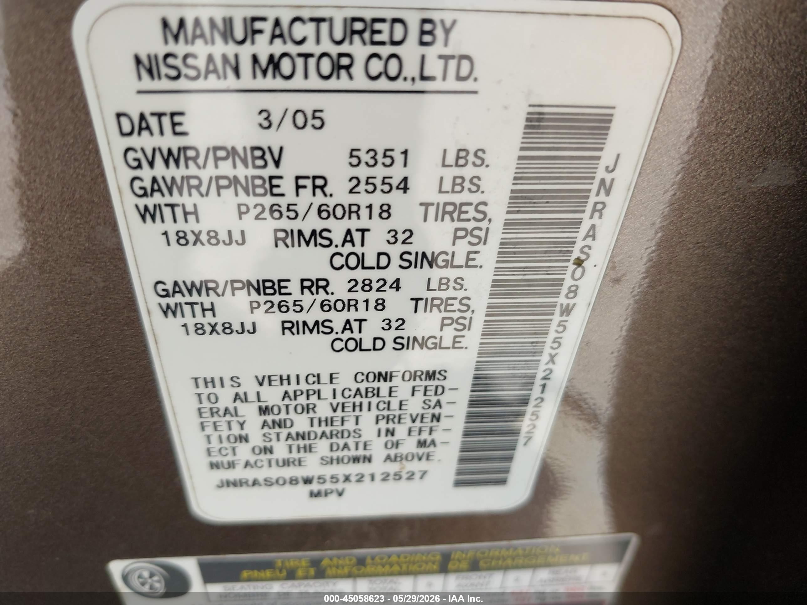 2005 Infiniti Fx35   Brown vin: JNRAS08W55X212527