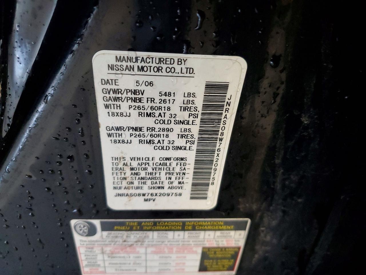 2006 Infiniti Fx35 Base Black vin: JNRAS08W76X209758