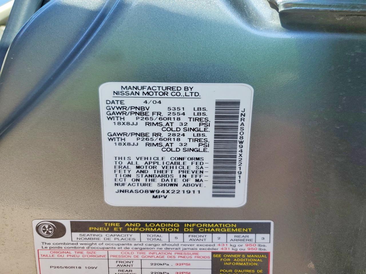 2004 Infiniti Fx35 Base Gray vin: JNRAS08W94X221911