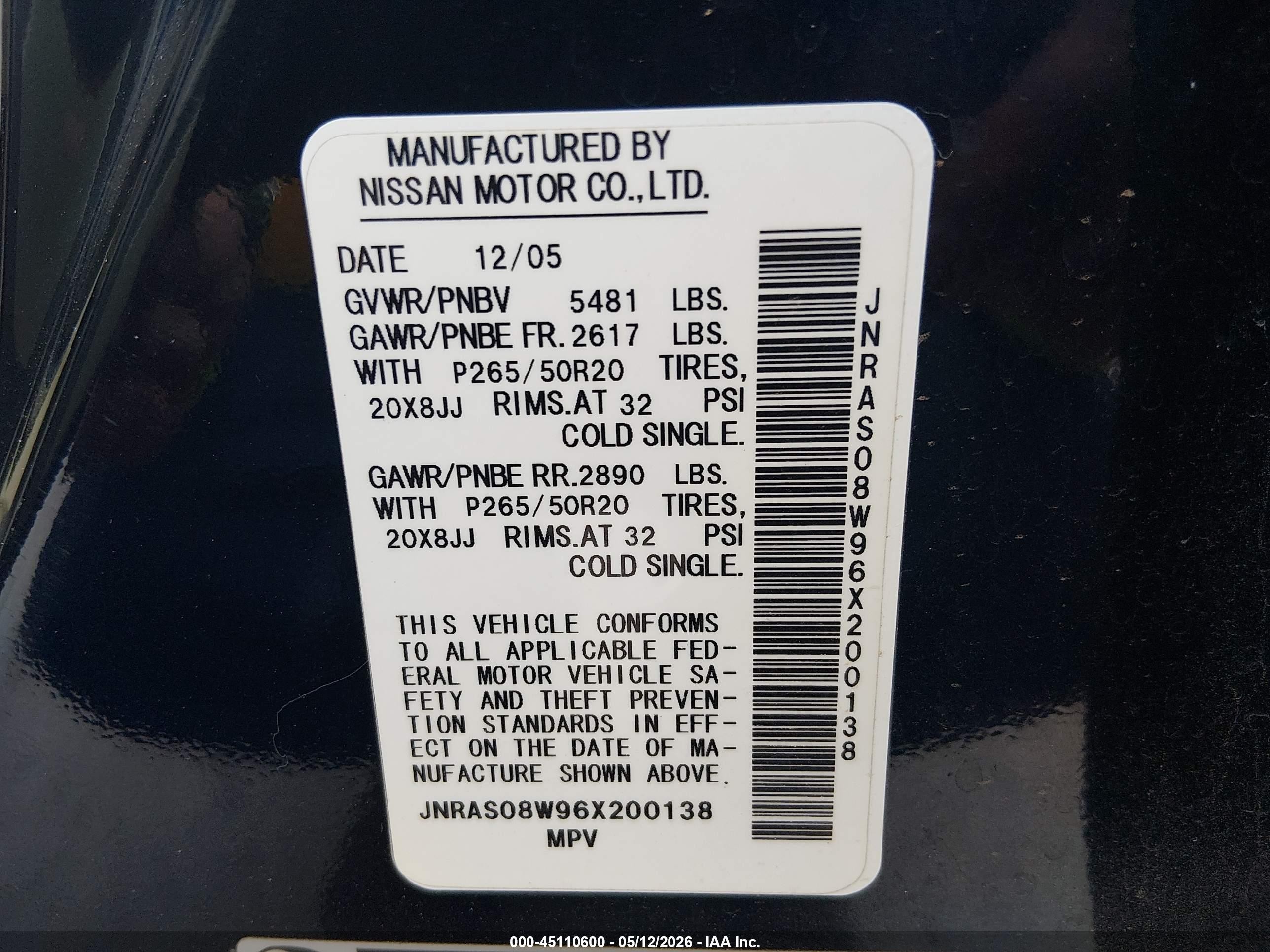 2006 Infiniti Fx35   Black vin: JNRAS08W96X200138