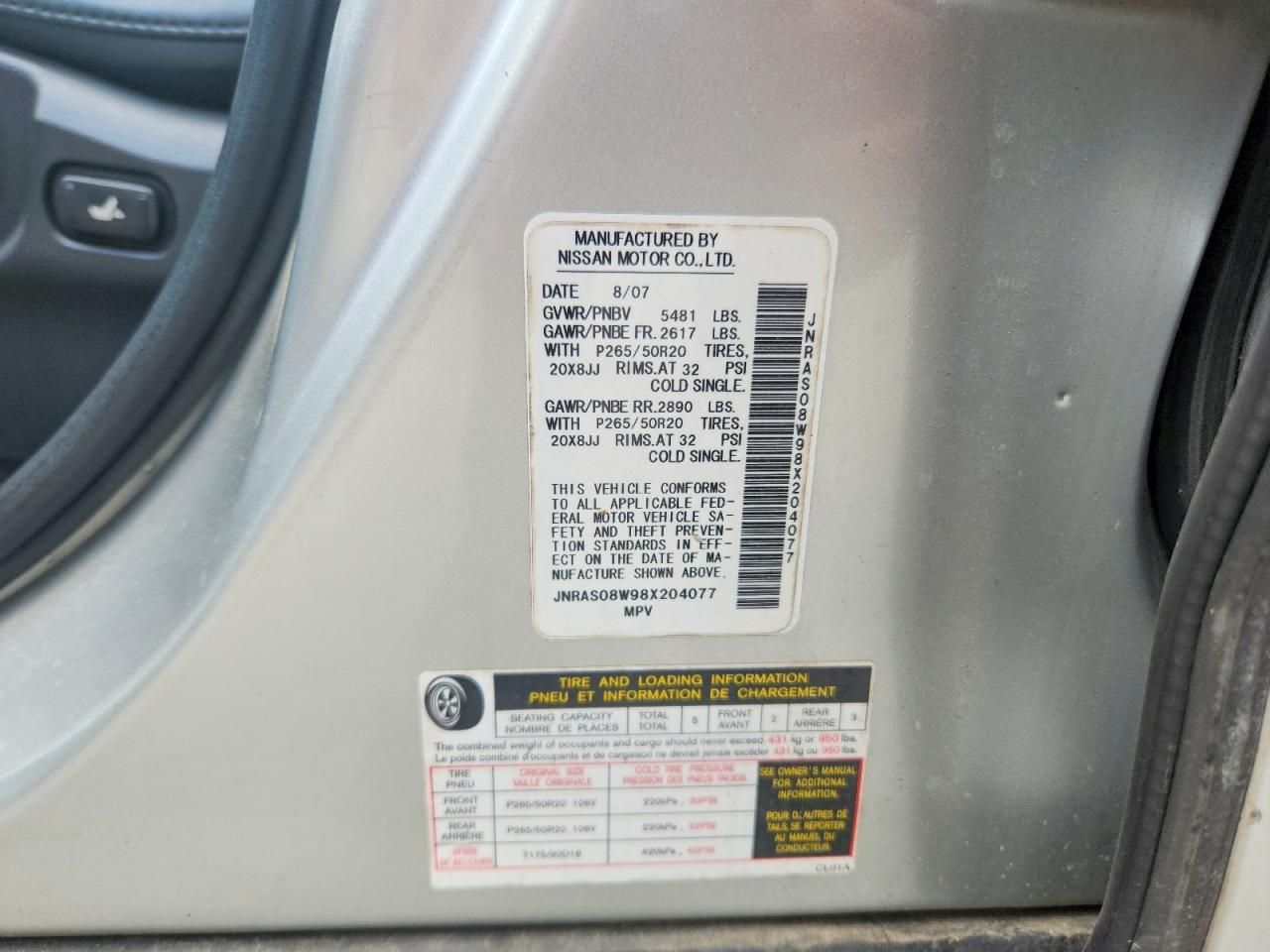 2008 Infiniti Fx35 Base Silver vin: JNRAS08W98X204077