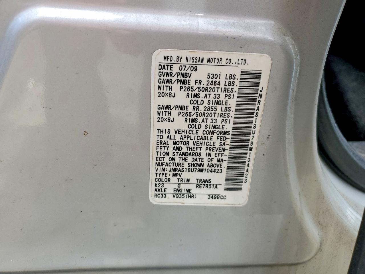 2009 Infiniti Fx35 Base Silver vin: JNRAS18U79M104423