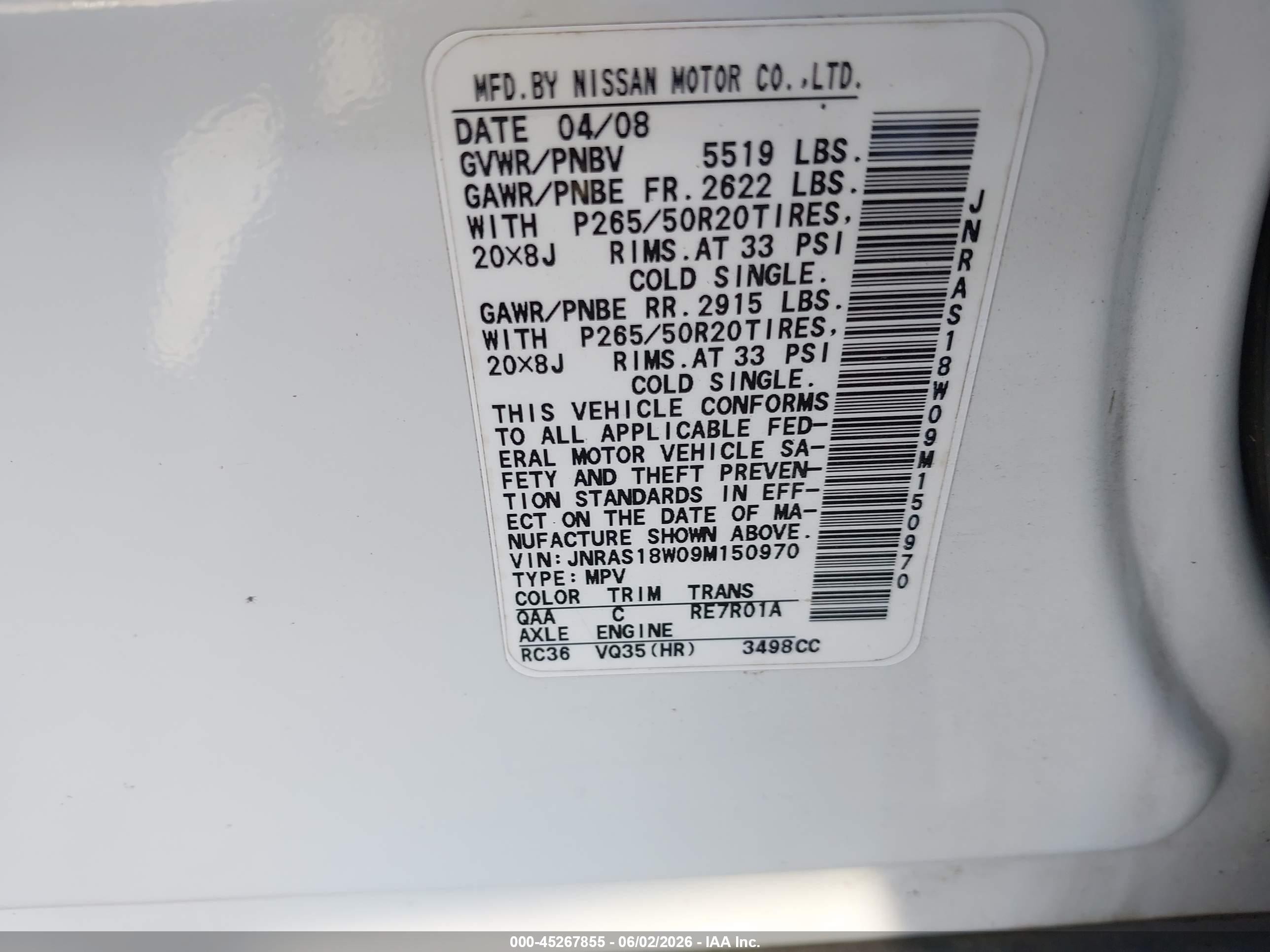 2009 Infiniti Fx35   White vin: JNRAS18W09M150970